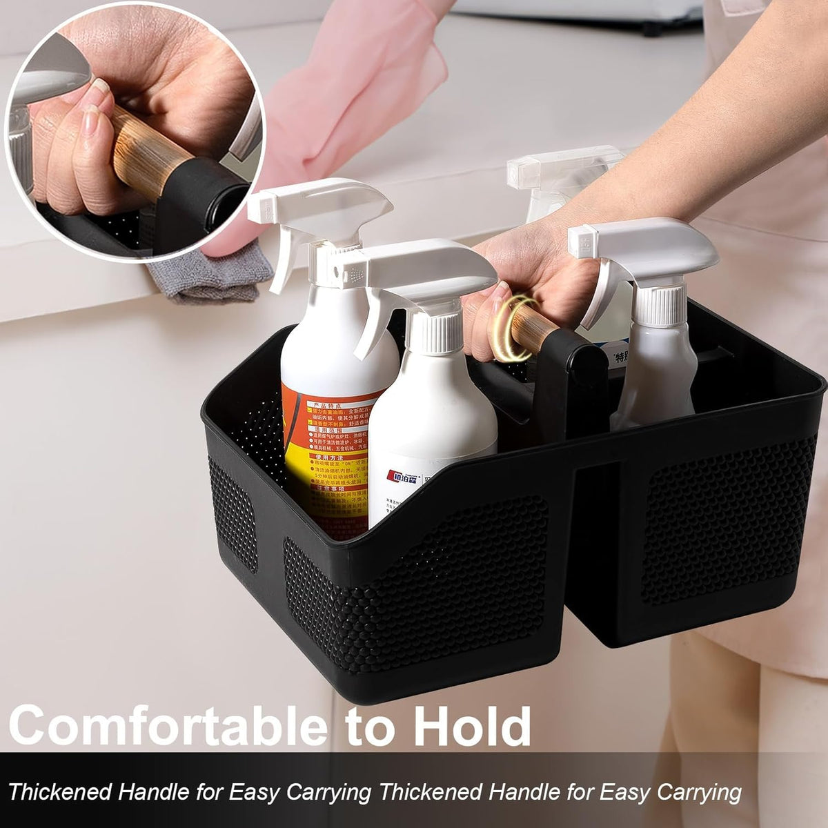 rejomiik Shower Caddy Portable with Bamboo Handle, Plastic Basket Cleaning Caddy Organizer Storage Tote for Bathroom, College, Dorm Room Essentials, Black
