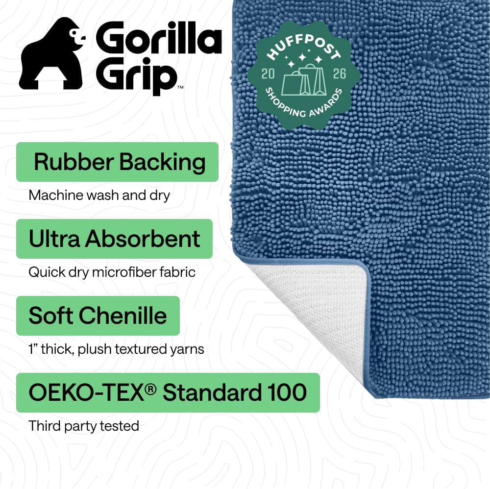GORILLA GRIP Bath Rug Mat, Thick Soft Absorbent Chenille, Quick Dry Microfiber Mats, Rubber Backing Washable Shower Floor Rugs, US Designed Bathroom Bathmat Home Decor Accessories, 24x17, Blue