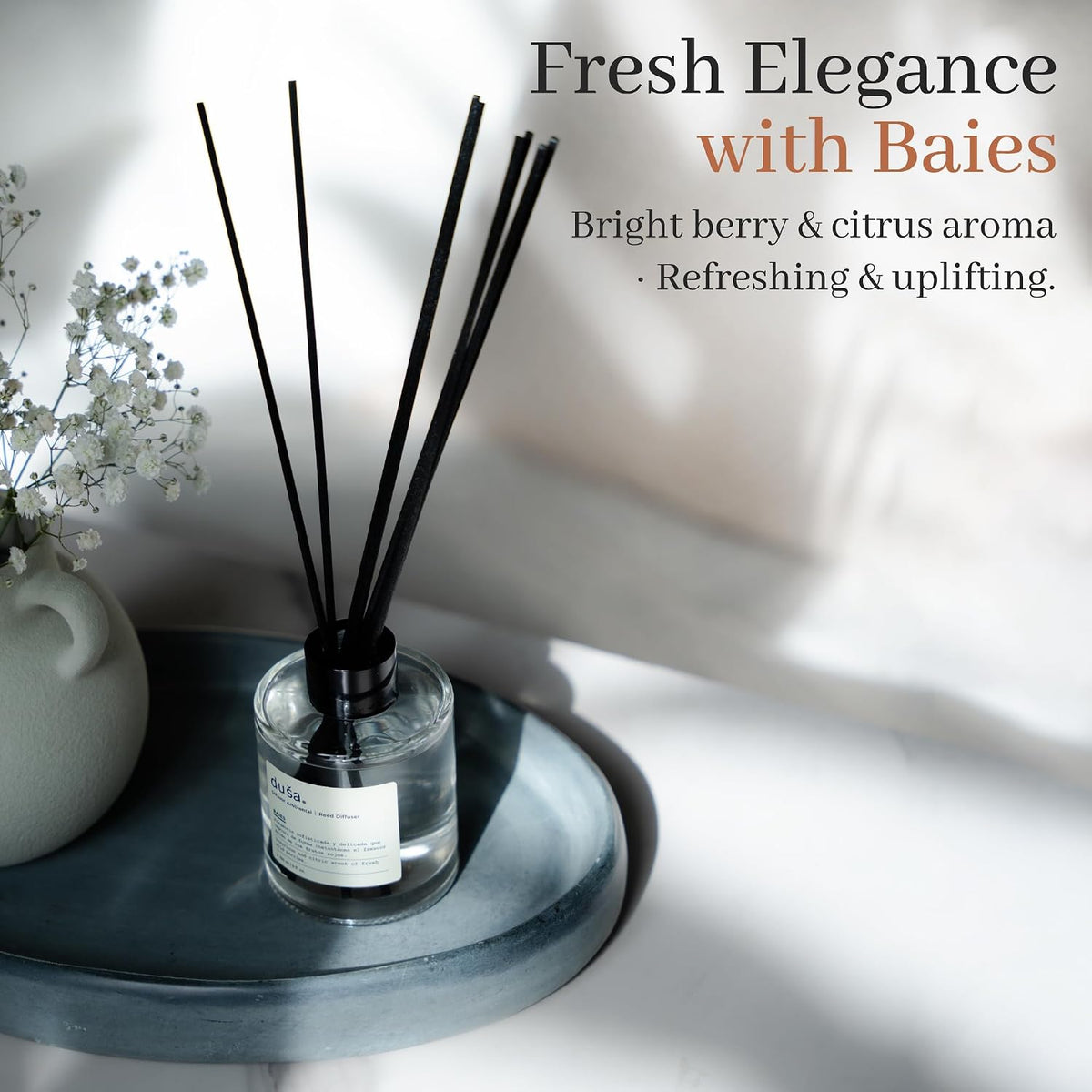 Duša Baies Scented Reed Diffuser & Sticks – 5 Fl Oz Essential Home Fragrance for Bathroom, Office & Living Spaces –Stylish & Long-Lasting Room Air Freshener –Ideal for Housewarming & Special Occasions