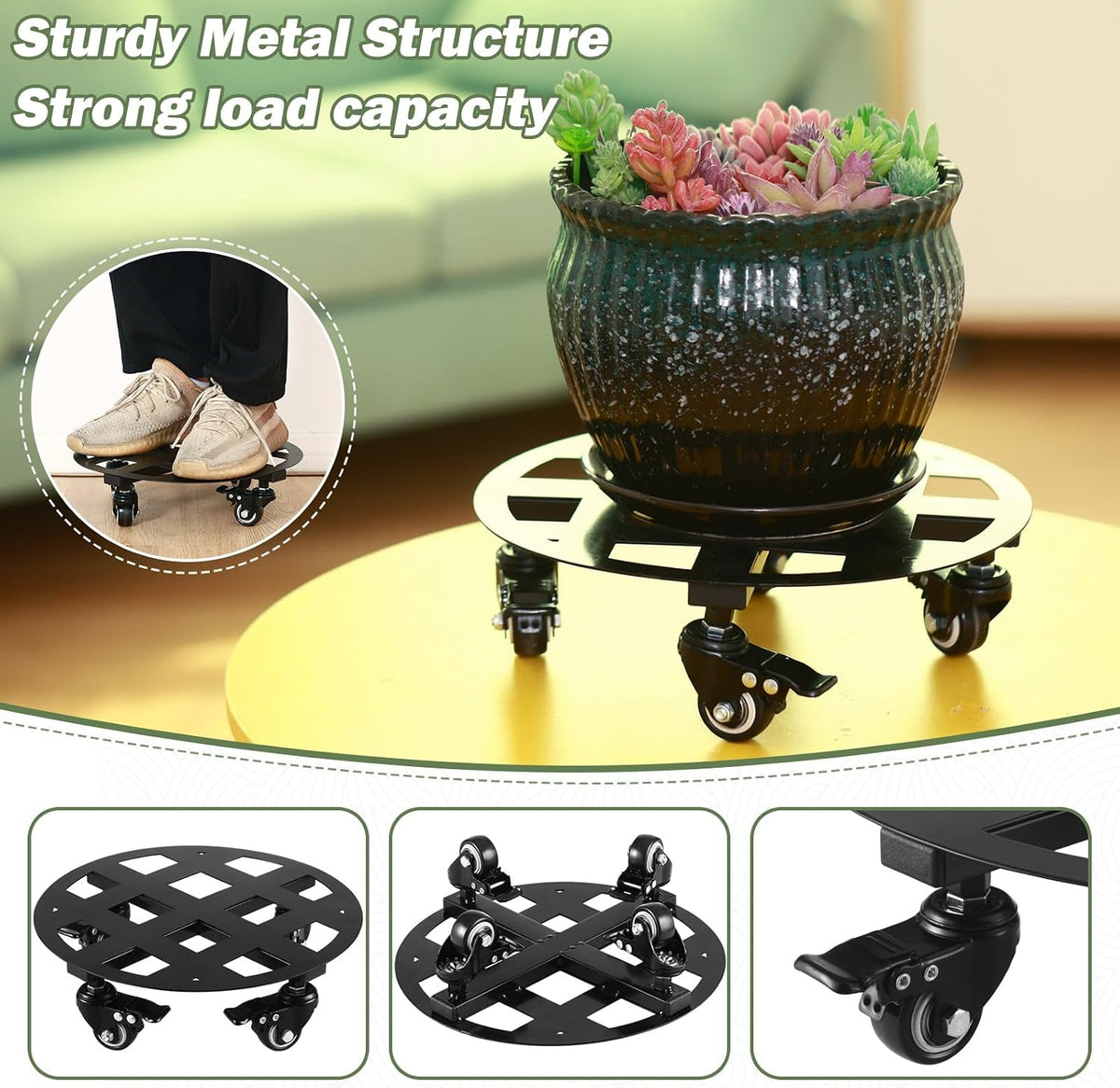2 Packs 12 inches Large Metal Plant Caddy with Wheels Heavy-Duty Round Plant Stands with Casters Indoor Outdoor Flower Pot Mover Roller Base Garden Dolly Coasters Black, Strong Load Capacity