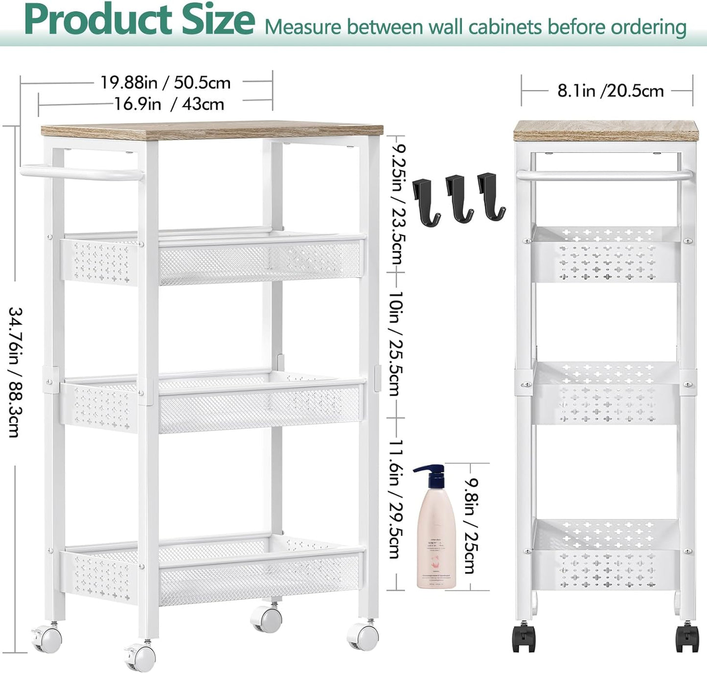 Vivihomety Utility Slim Storage Cart with Wheels, 4 Tier Small Rolling Cart with Wood Top, Metal Kitchen Bathroom Laundry Room Organization Trolley with Handle for Narrow Space - White
