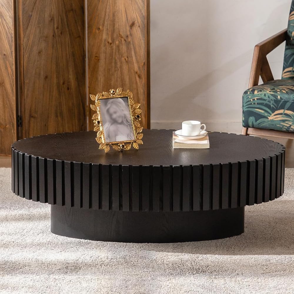 43.3in Oval Fluted Coffee Table (Oval Black 43.3in) | Drum Coffee Tables for Living Room | Modern Pedestal Center Table