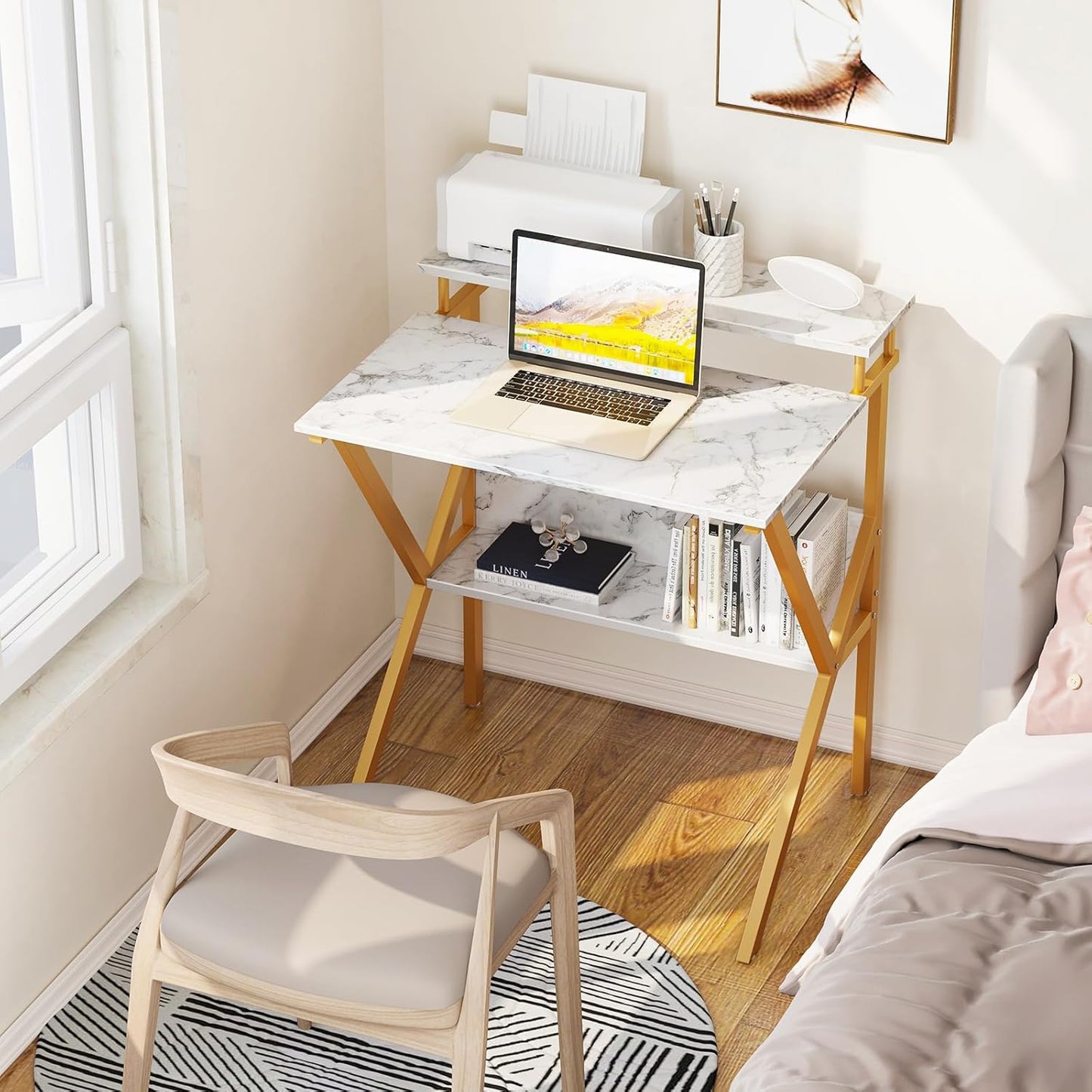 ODK Small Desk, 27.5 Inch Computer Desk for Small Spaces, Study Desk with Storage & Monitor Stand, White Marble + Gold Leg