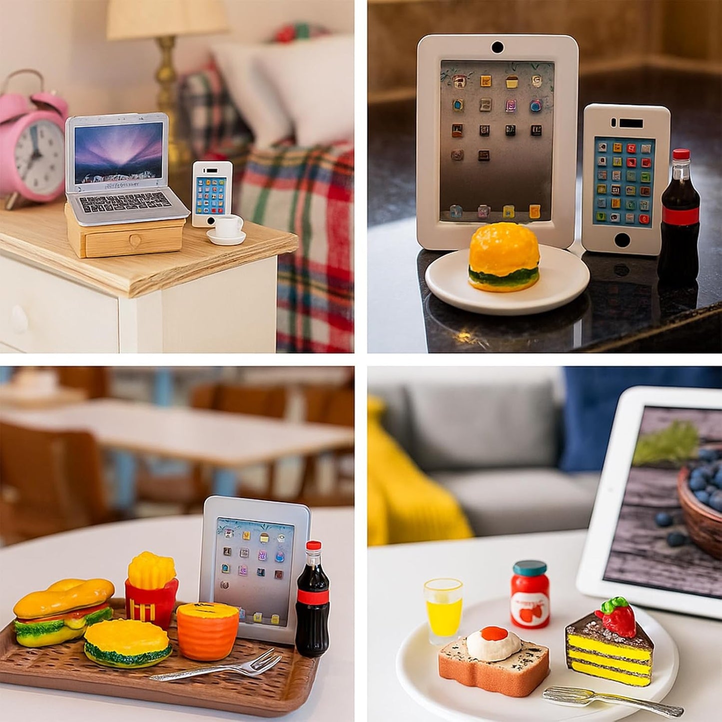 20Pcs Miniature Laptop Computer Tablet Toy Phone Pad and Hamburger Fries Cola Fast Food Cake Coffee Juice Fits Barbie Doll Accessories Scale Dollhouse Playsets Girl Mini Drink Food Party