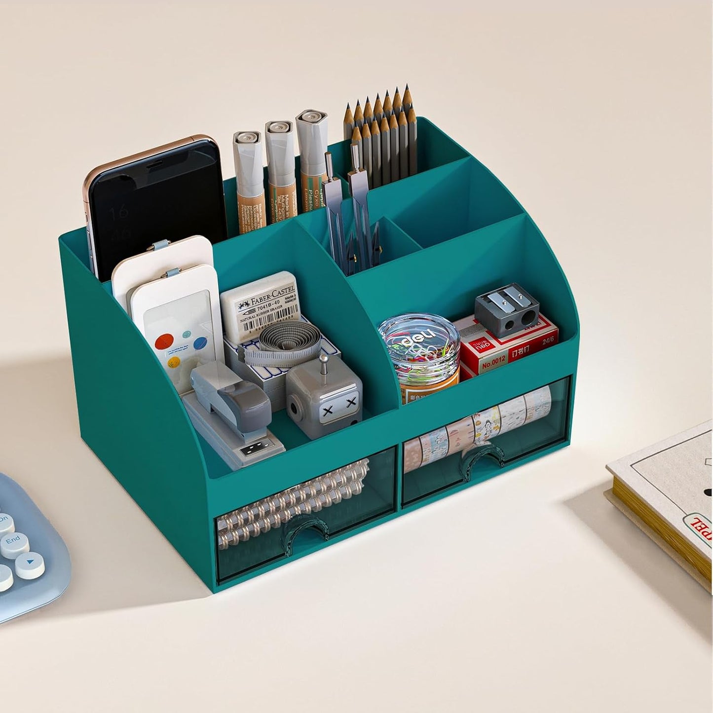 COMFYROOM Desk Organizer with 6 Compartments and 2 Drawers, Plastic Makeup Organizer, Pen Holder for Desktop Storage, Desk Organization for School, Home, Office Supplies (Dark Green)
