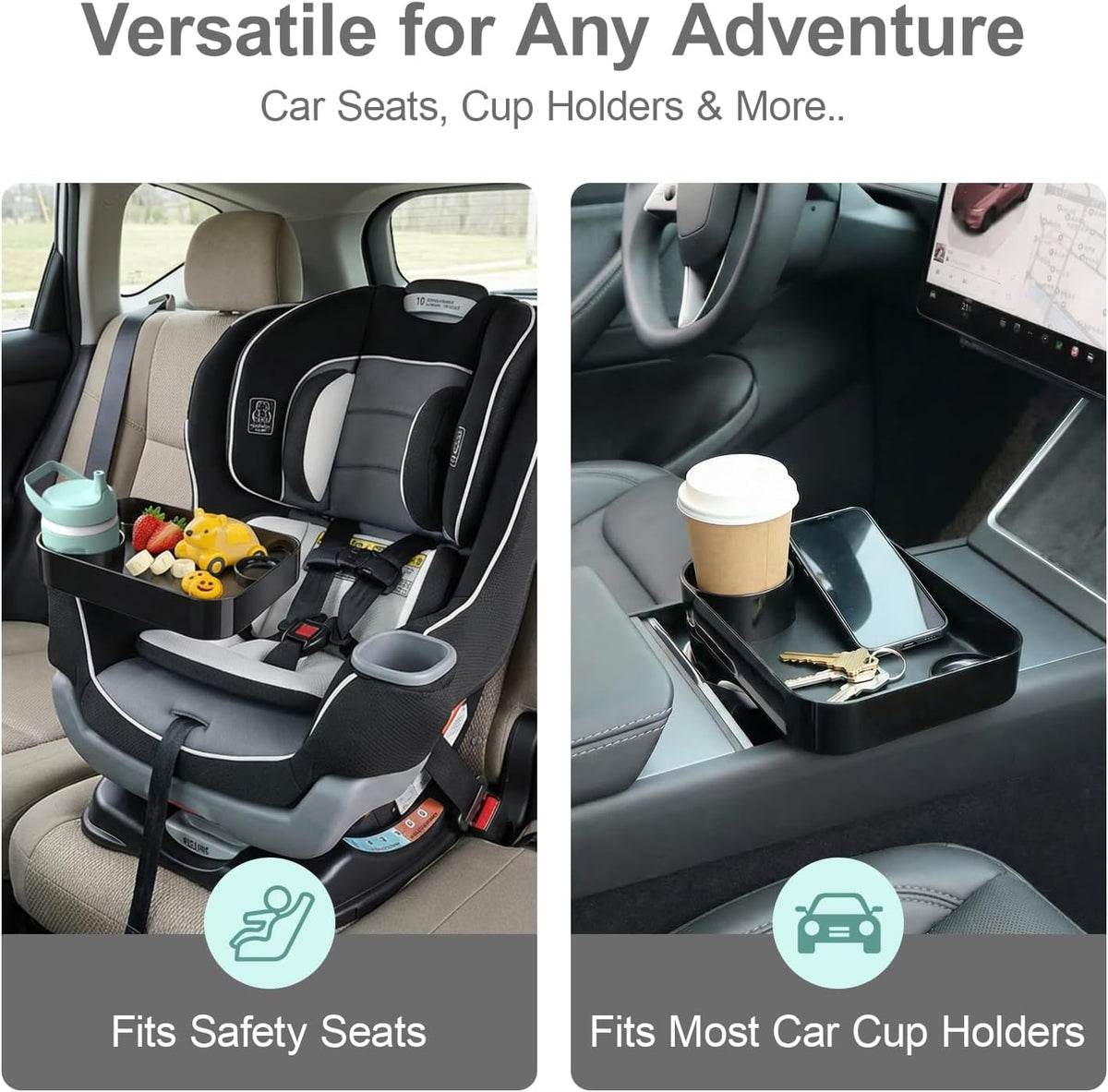 Car Seat Snack Tray for Toddlers - 3 Inch Cup Holder Fits Most Sippy Cups & Straw Bottles with Dip Well, Mess-Free Square Kids Travel Tray Road Trip Essentials, Black