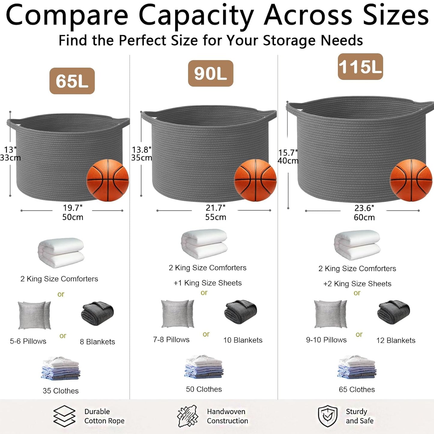 65L Large Blanket Basket,Woven Rope Laundry Basket-Dark Grey | Collapsible, reinforced handles, nursery storage bin organizes clothes, toys and pillows for living room, bedroom bathroom.