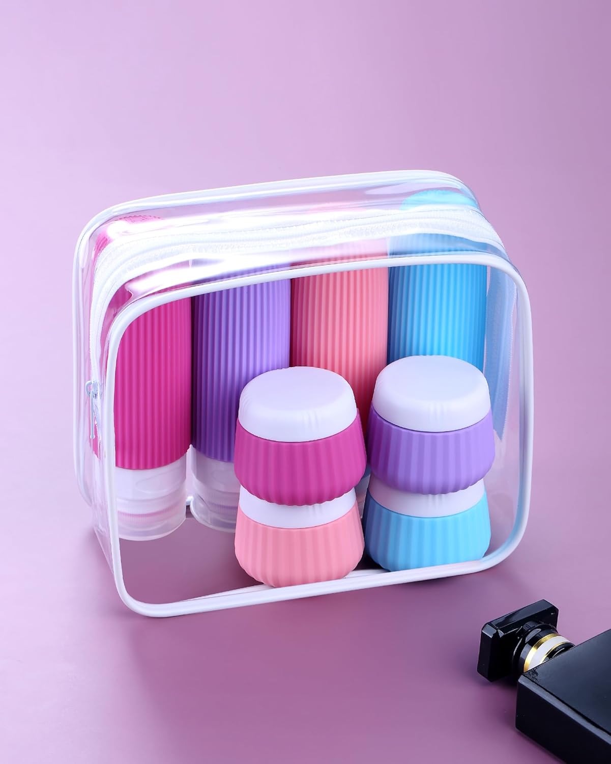 Mrsdry Travel Bottles for Toiletries 8 Pack, Tsa Approved Travel Size Toiletries 3 oz, Travel Containers for Toiletries, with Clear Bag, Leak Proof Silicone Squeezable Travel Essentials Creams Jars