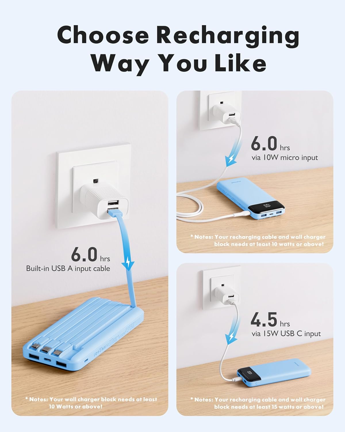 charmast Portable Charger with Reinforced Built-in 4 Cables,10000mAh Power Bank Travel Essentials 6 Outputs 3 Inputs 3A Fast Charging Compatible with iPhone iPad Samsung Google Pixel LG Moto