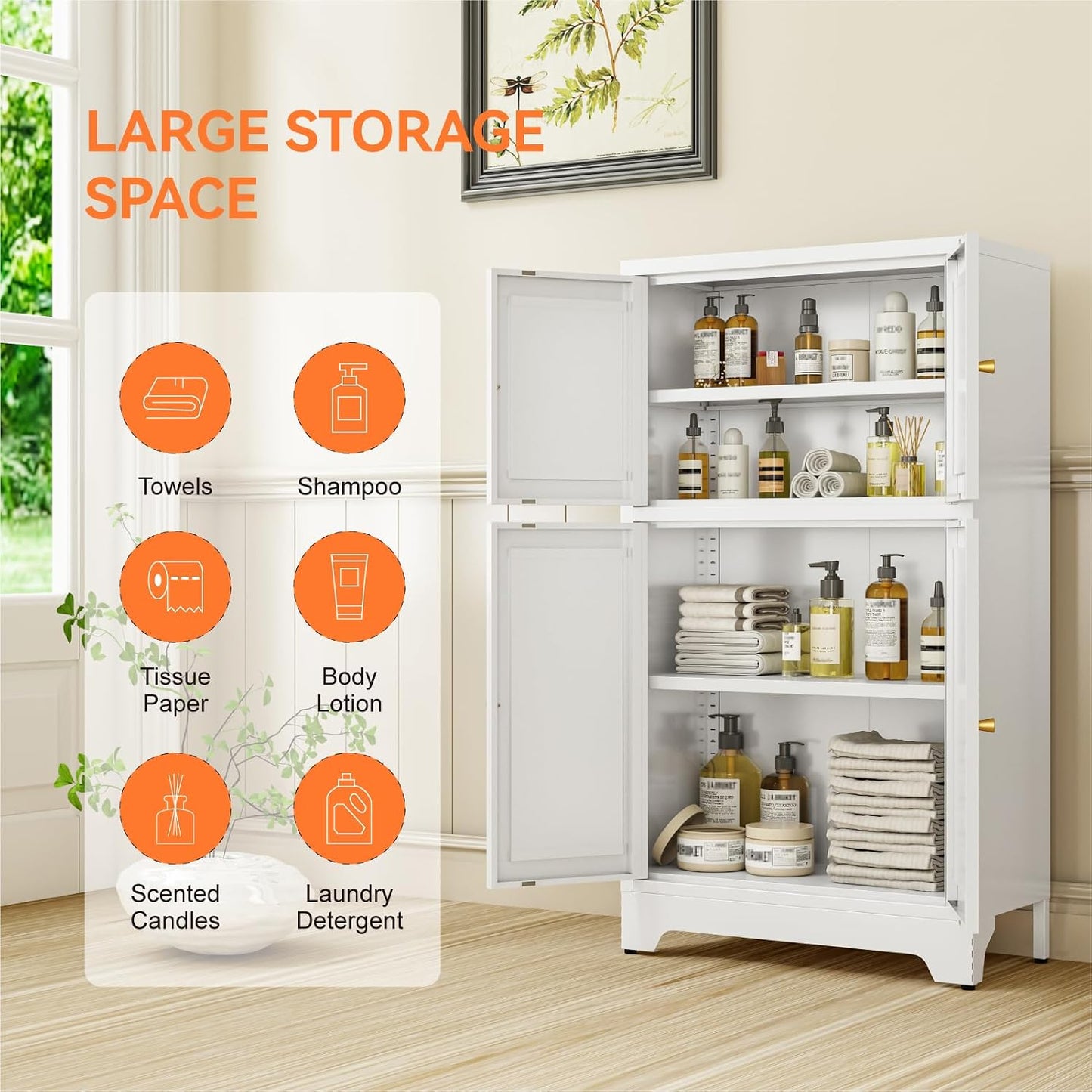 Metal Bathroom Storage Cabinet, Freestanding Pantry Floor Cabinet with 4 Doors and 2 Adjustable Shelves for Living Room, Dining Room, Kitchen (White, 43.3" H-4 Doors)