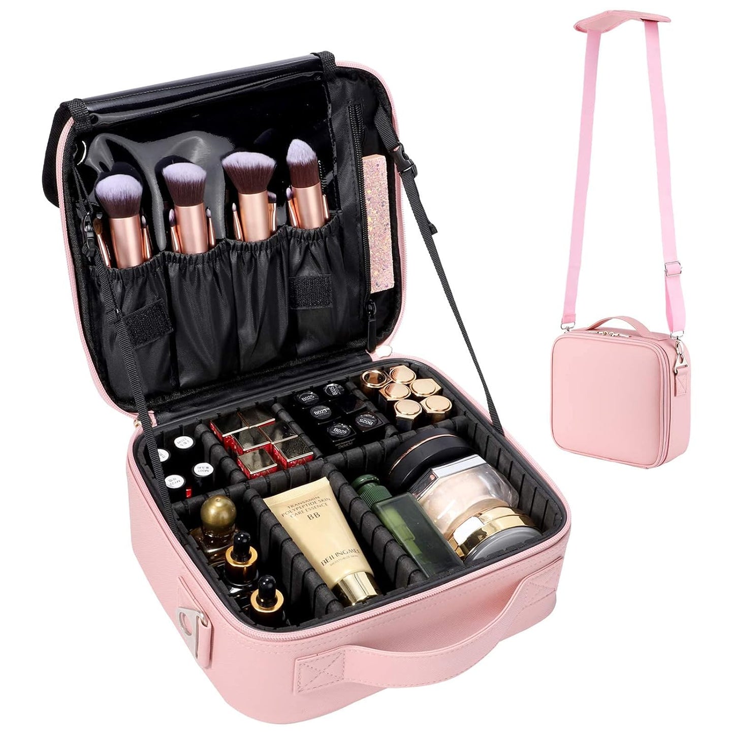 gzcz Travel Makeup Bag,Professional Cosmetic Bags for Women,Portable Makeup Brush Case Organizer Storage with Adjustable Dividers and Shoulder Strap (Medium)