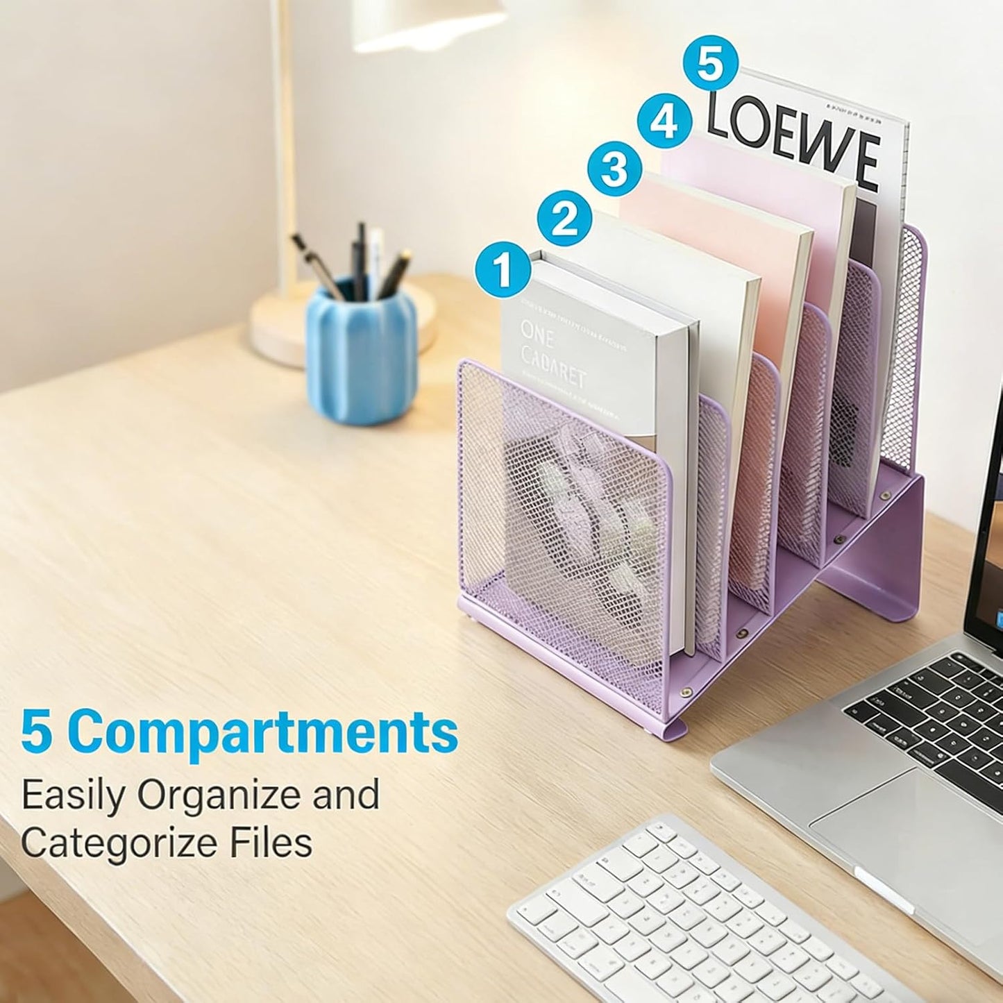LEKETREE File Organizer for Desk, File Folder Organizer with 5-Section Vertical Rack, Suitable for Home Office Document Organization and Storage(Grape Purple)