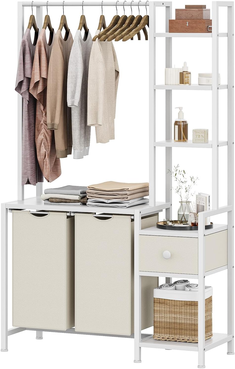 Creso hom Laundry Hamper with Shelf, 5 Tiers Tall Laundry Basket Sorter with 2 Pull-Out and Removable Bags, Clothes Rack with Laundry Sorter for Laundry Room Bathroom Bedroom, Rustic Brown