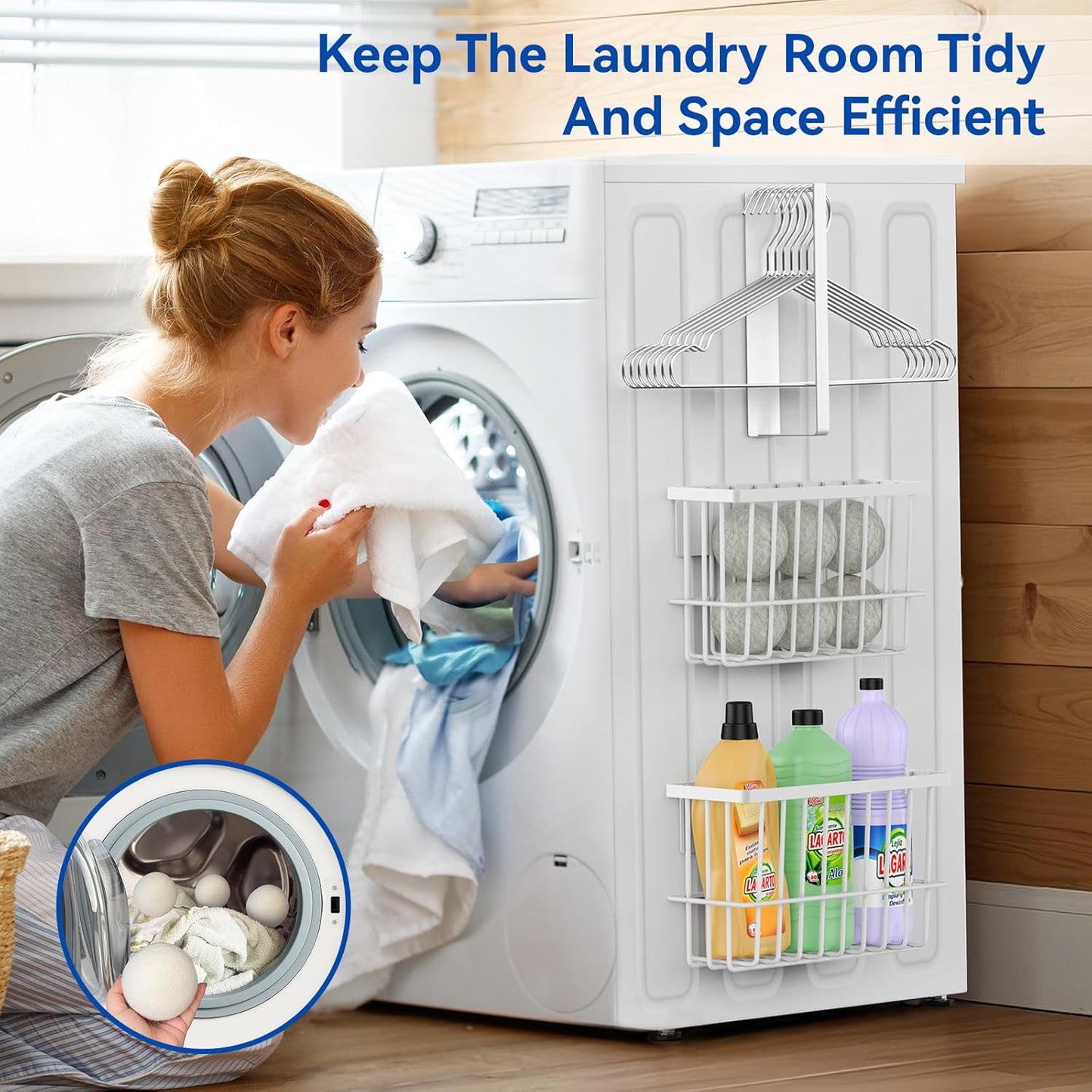 Laundry Room Organization and Storage Magnetic Dryer Ball Holder with Magnetic Hanger Holder, Magnetic Lint Bin for Washer Dryer, Iron Basket Dryer Ball Container, Magnetic Laundry Organizer (White)