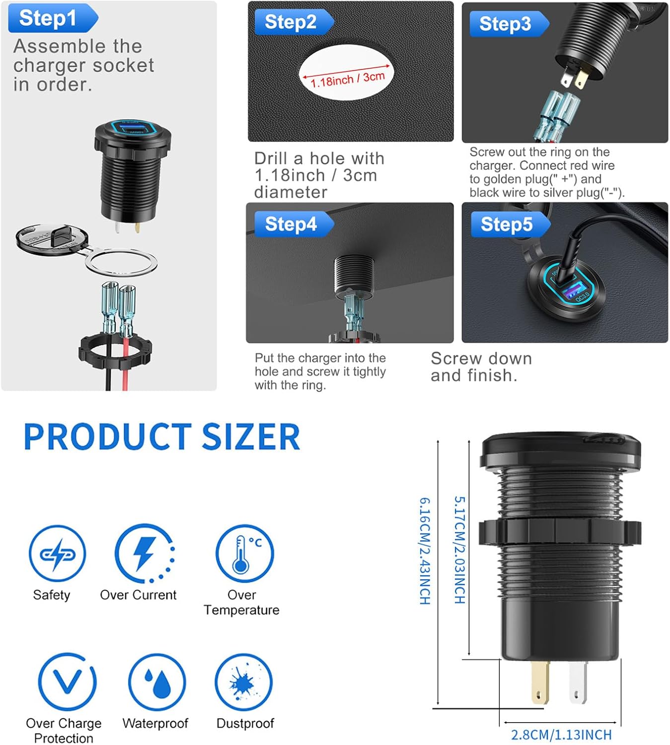 12V USB Outlet PD 100W USB C and QC3.0 18W Port Aluminum Car Charger Socket for Laptops Tablets Phones, Cigarette Lighter Replacement Car Accessories DIY for RV Camper Truck Boat Golf