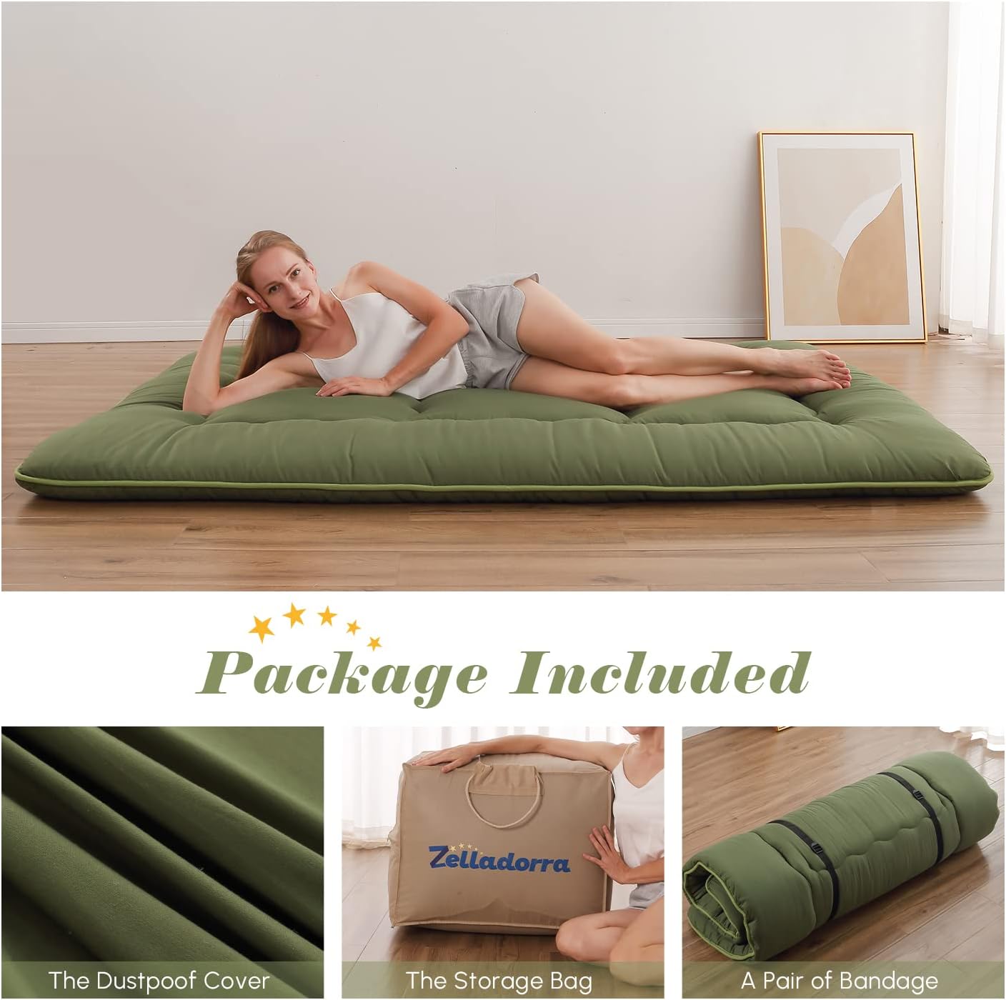 Zelladorra Japanese Floor Mattress, Futon Mattress with Portable Storage Bag and Washable Cover, Roll Up Thick Tatami Mat Suitable for Camping, Guest Room, Green, Twin