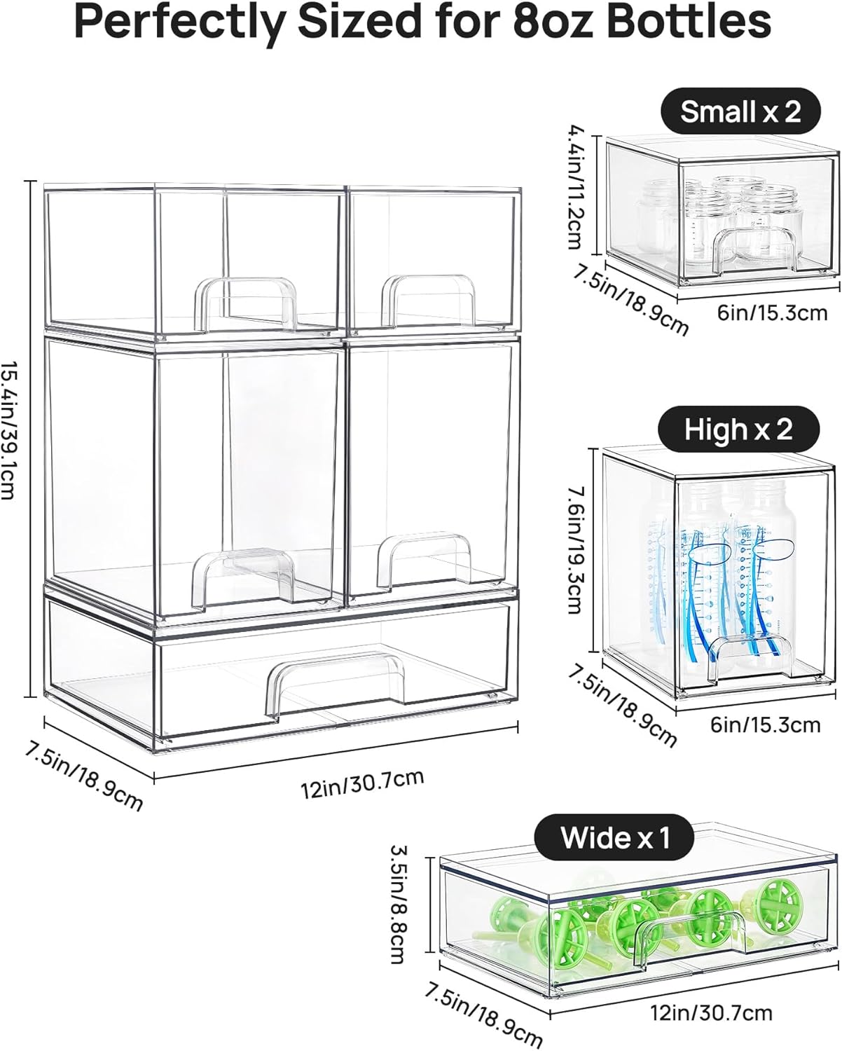 Vtopmart Stackable Storage Drawers Set of 5, Clear Plastic Organizer Bins for Baby Bottle, Beauty Supplies Storage, Ideal for Kichen Countertop, Vanity, Bathroom, Cabinet, Pantry Organization