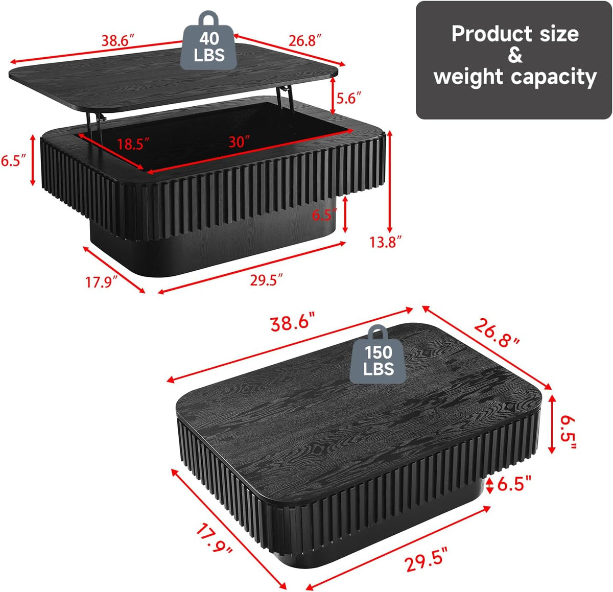 Lift Top Coffee Table for Living Room,Rectangle Handmade Solid Wood Strips, Fluted Coffee Table with Hidden Storage Compartment for Small Space Office Apartment (38.6"L×26.8''W×13.8''H-Black)