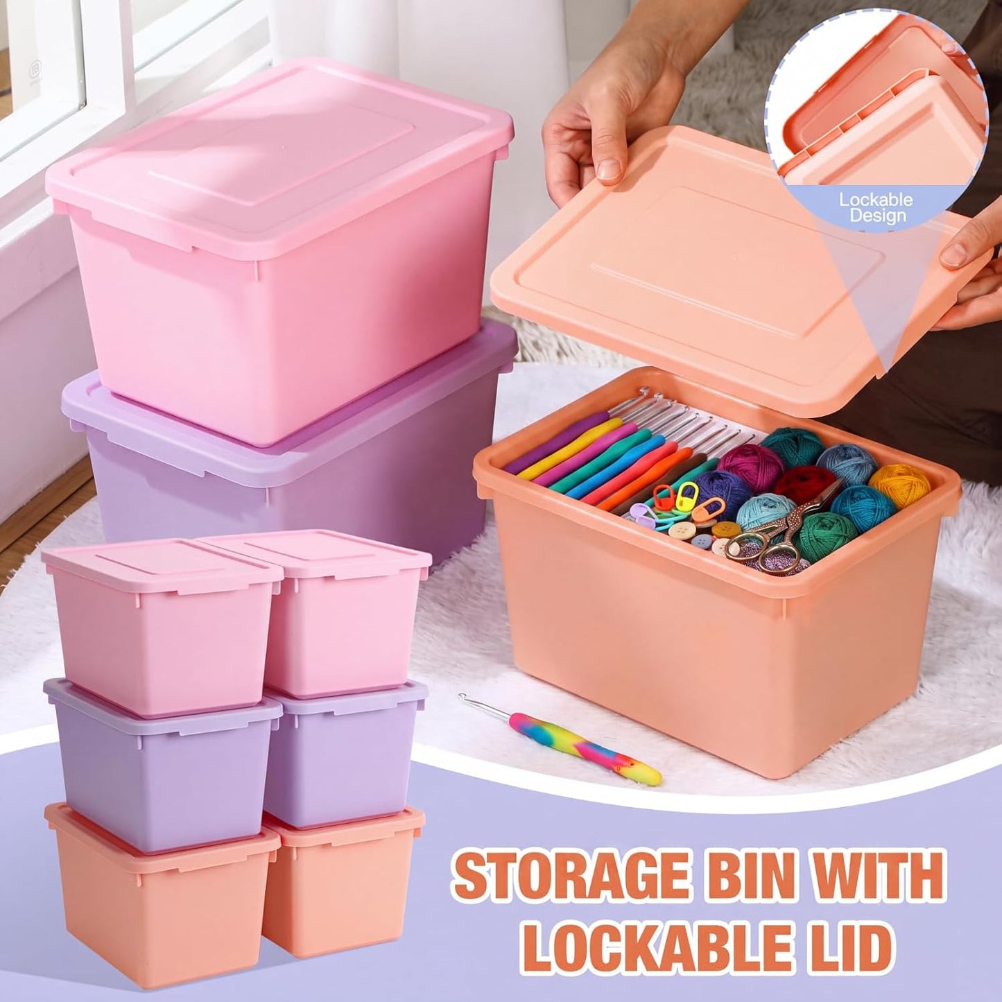 Potchen 6 Pack Small Stackable Storage Bins with Lids Plastic Storage Boxes for Classroom 9.8" ×7.3" ×5.7" Decorative Organizer Bins for Craft Art Office Teacher Supplies (Pink,Purple,Orange)