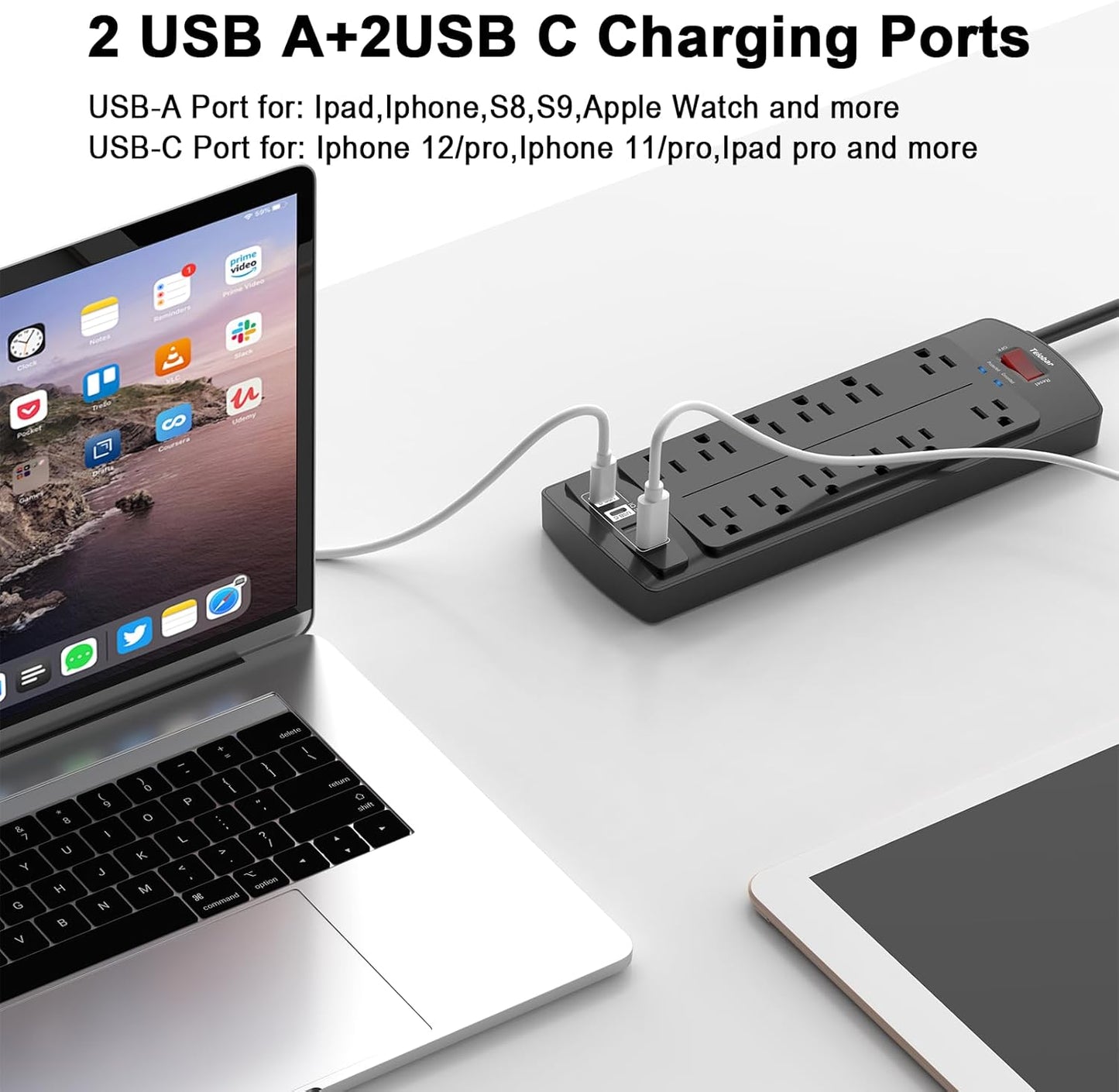 6 Ft Extension Cord Power Strip, Teiobar Surge Protector with 12 AC Outlets and 4 USB Ports for Home, Office, Dorm Essentials, 2700 Joules, ETL Listed, Black