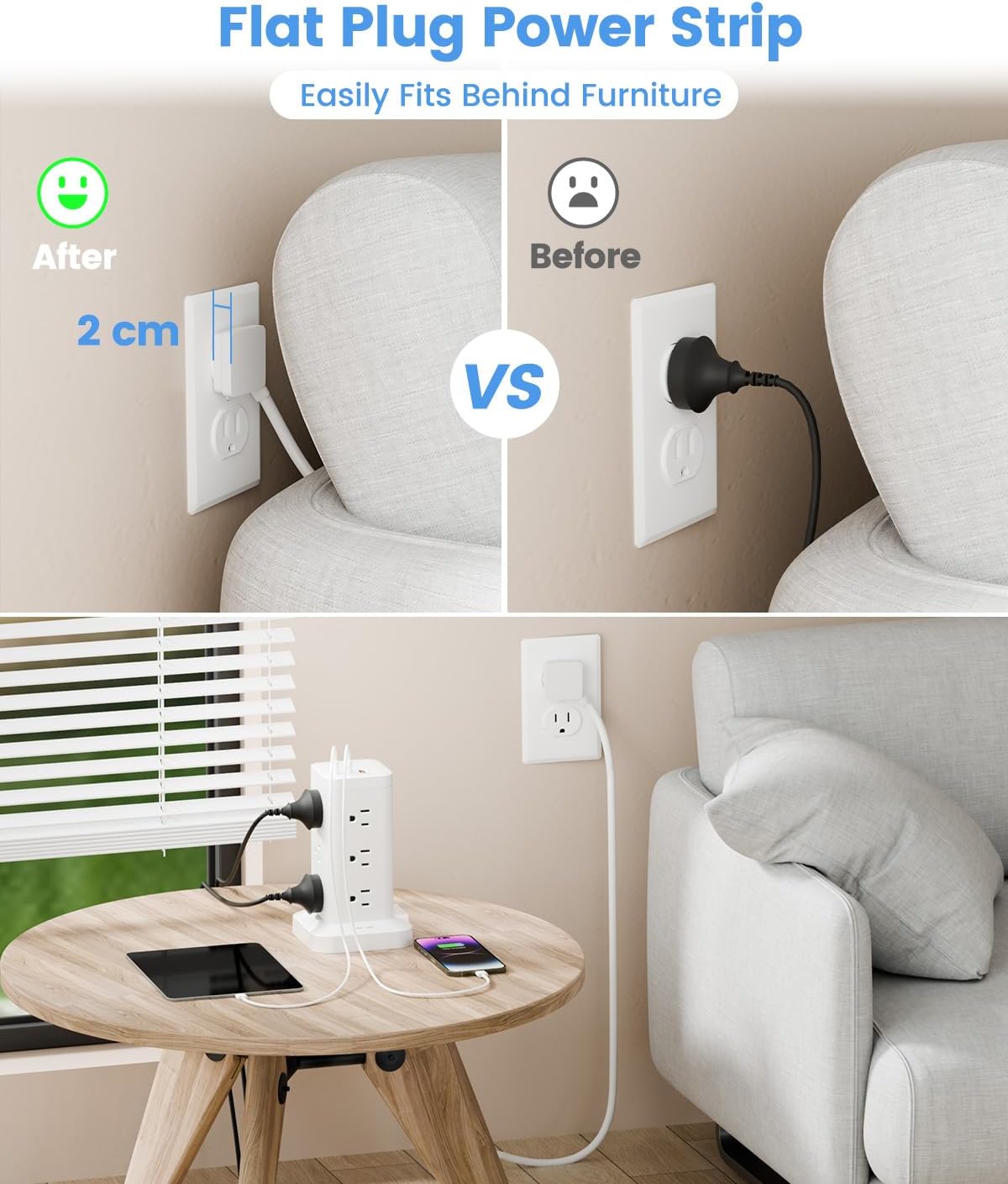 Power Strip Tower with Surge Protector 1800J, Fast Charging Tower PD20W USB-C Ports with 12 AC Outlets, 10ft Extension Cord for Home Office Dorm Room, White