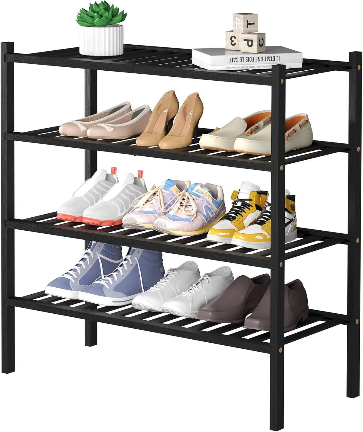 ROMGUAR CRAFT 4 Tier Bamboo Shoe Rack for Closet Free Standing Wood Shoe Shelf for Entryway Small Space Stackable 27"x11"x26" (White)