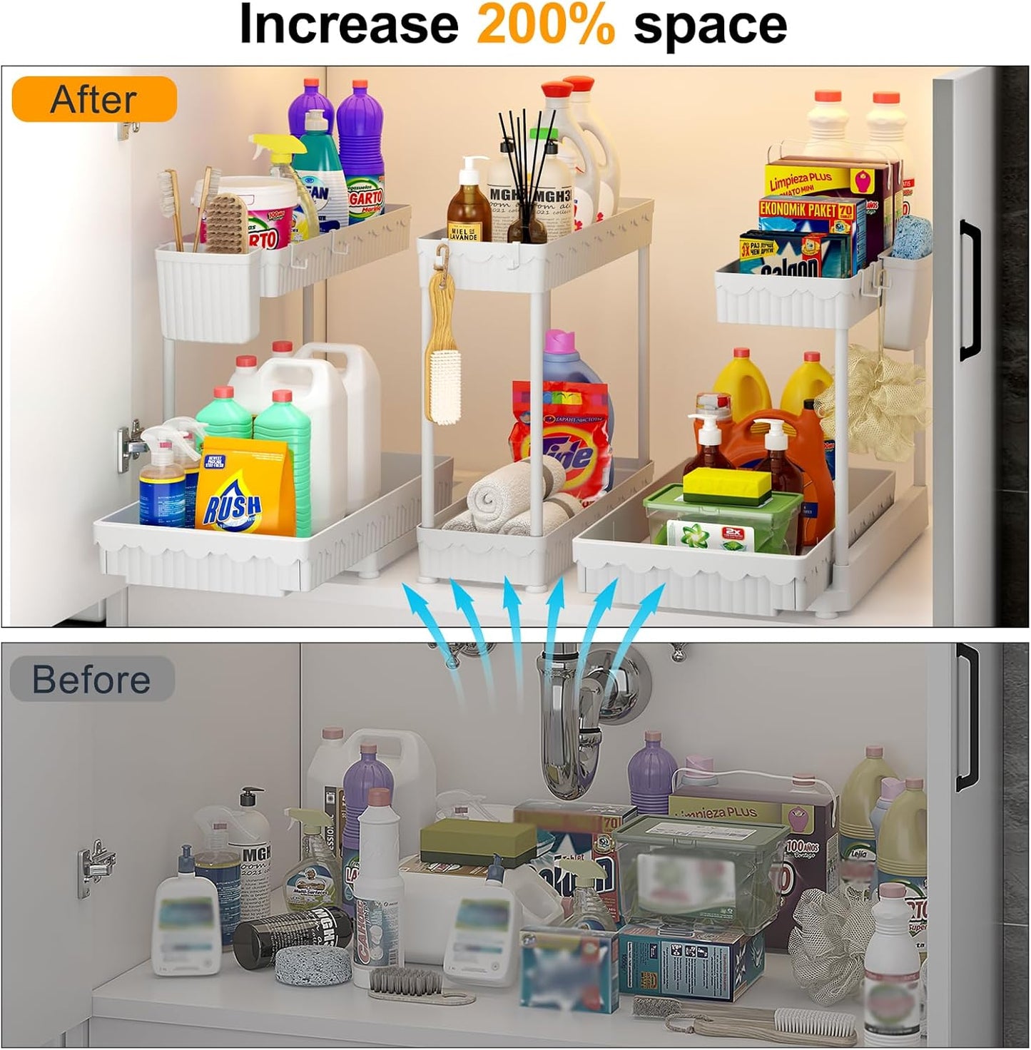 Sevenblue 3 Pack Multi-Purpose Pull-Out Storage Organizers, 2-Tier L-Shaped Under Sink/Cabinet Organizers and Storage for Bathroom & Kitchen,White,14.85 Inch