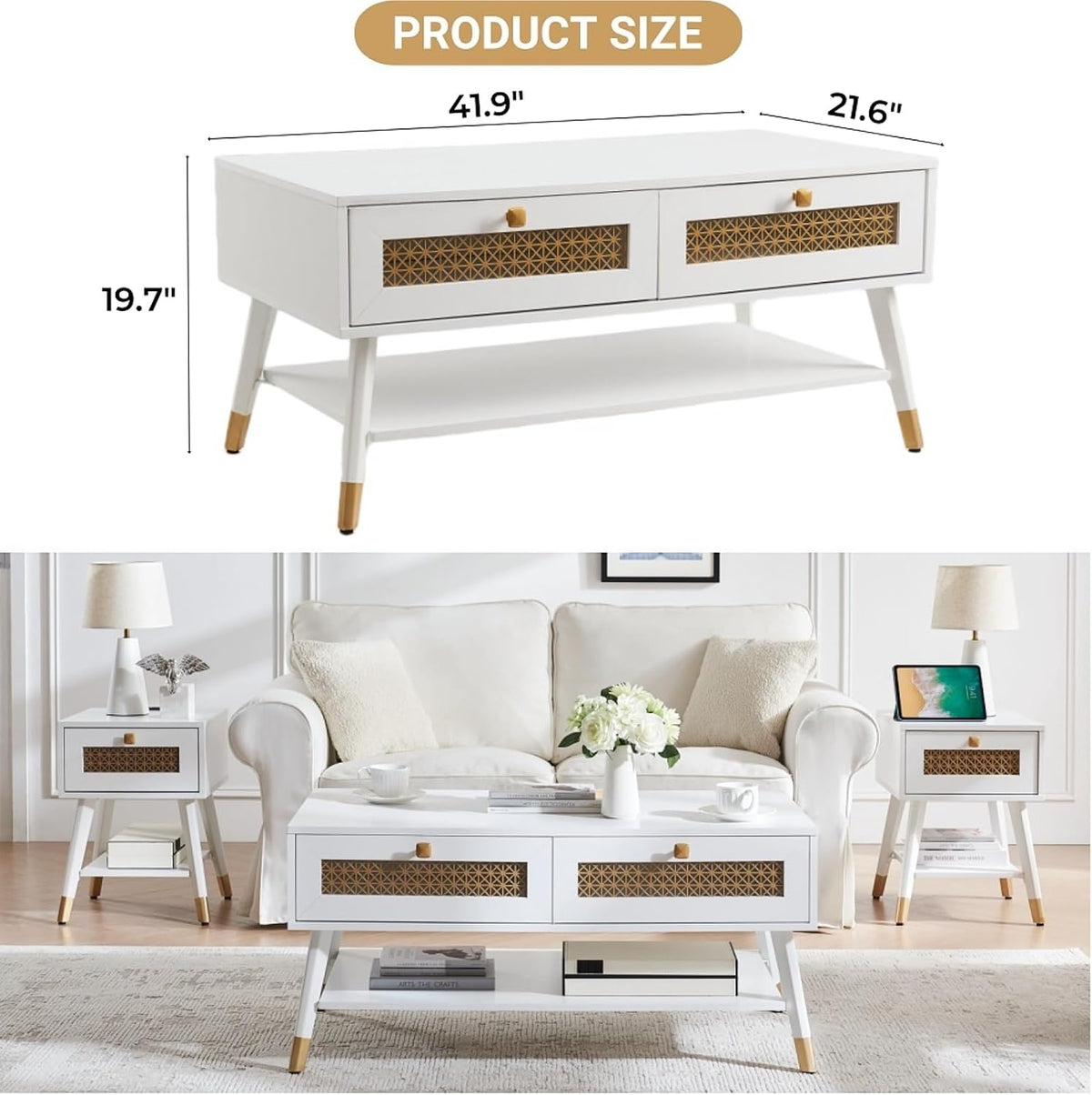 JYED DECOR White Coffee Table with Storage Drawers & Open Shelf, Mid Century & Boho Living Room Table with Gold Metal Designed for Home