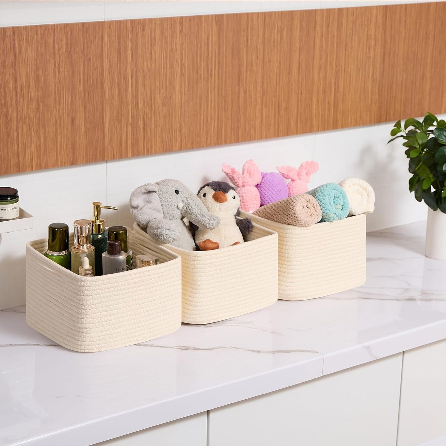 MiniArk Small Organizing Baskets for Cubes Shelf, 9.7x9.7x7.1 Inch Rope Woven Storage Bins for Nursery Shelves Storage, Cute Toy Basket, Square 3 Packs Beige