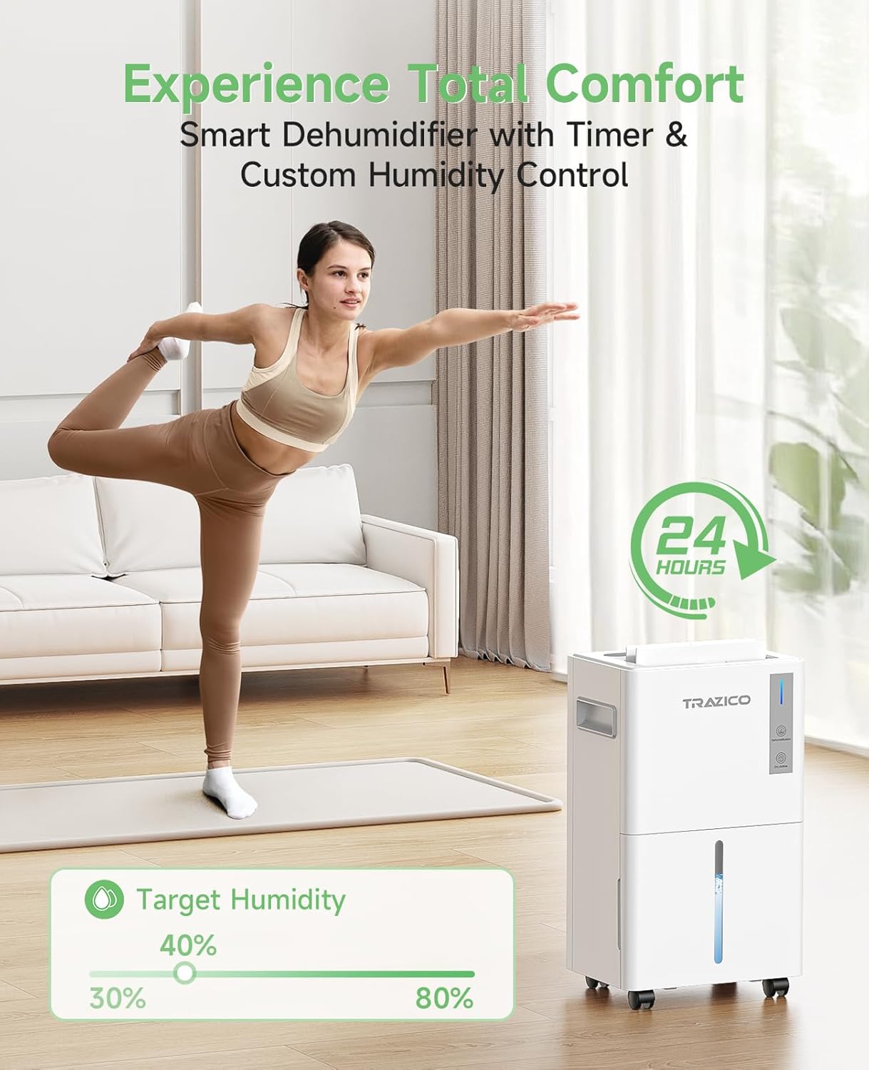 1500 Sq.ft Dehumidifier for Basement, Trazico Max 21 Pint/Day Dehumidifiers for Home, Large Room, Bedroom with Drain Hose, Quiet Smart Humidity Control, 3 Modes, 24H Timer, Auto Defrost