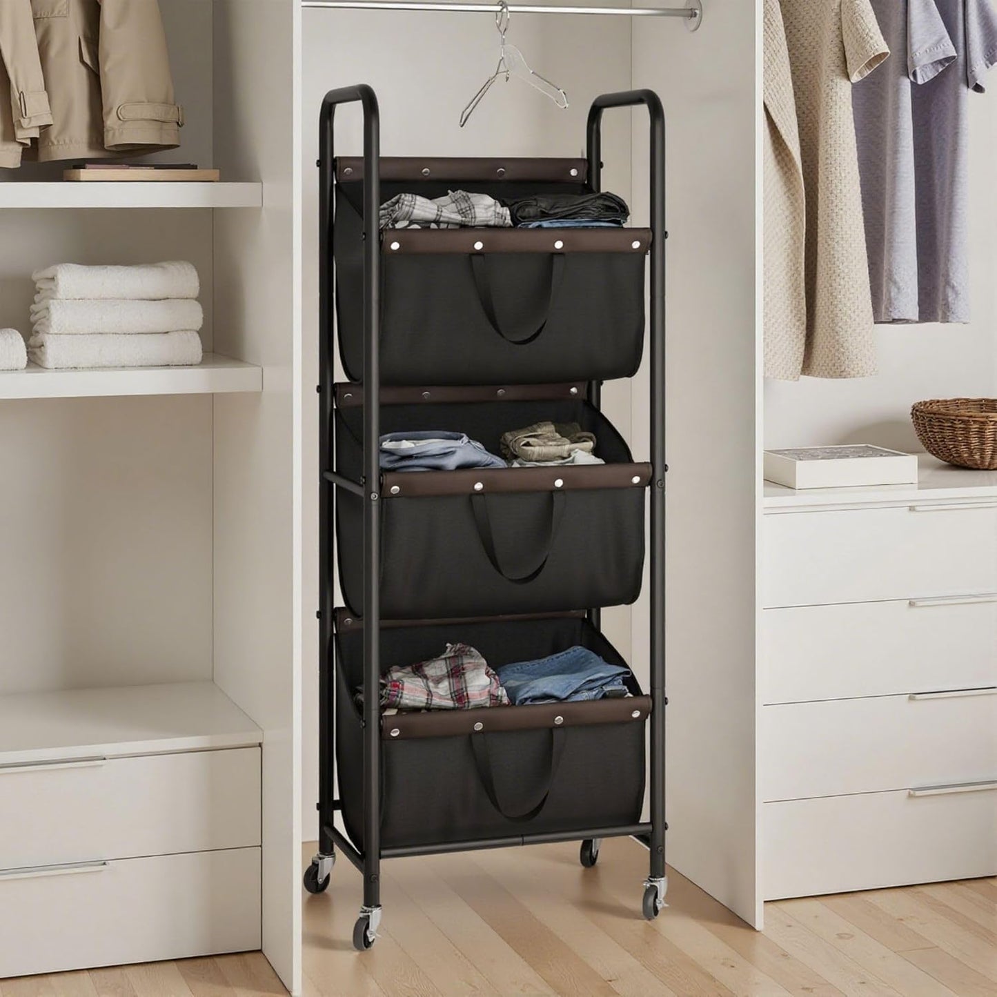 GRANNY SAYS 3 Section Tiered Laundry Sorter, Slim Vertical Laundry Hamper with Wheels, Narrow Rolling Laundry Cart with Removable Bags for Laundry Room, Bathroom, Closet, Dorm, Black
