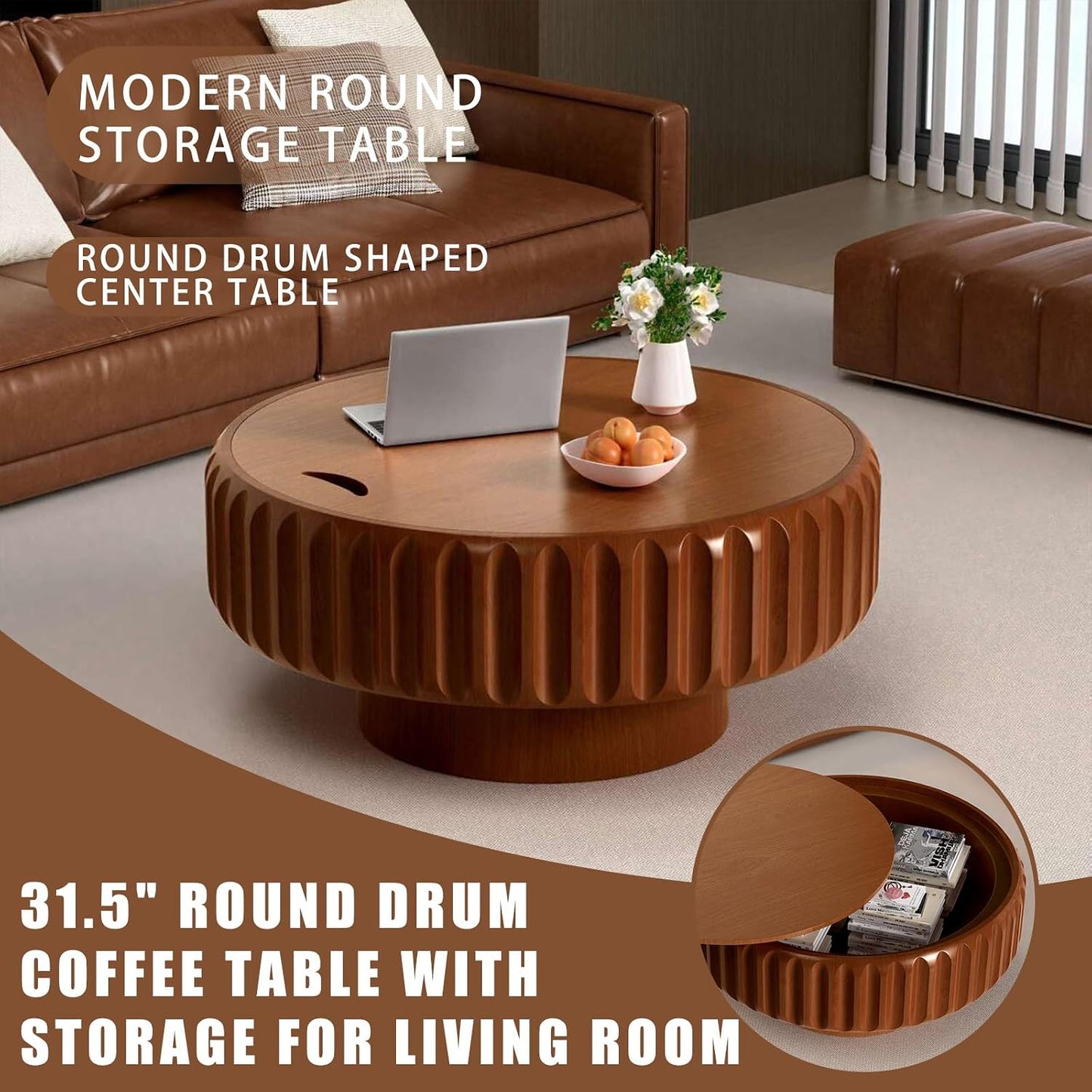 Storage Fluted Drum Coffee Table (A Brown 31.5 in) | Mid Century Wood Drum Shaped Table with Storage Compartment, Removable Lid for Living Room Bedroom, Stylish Retro Furniture