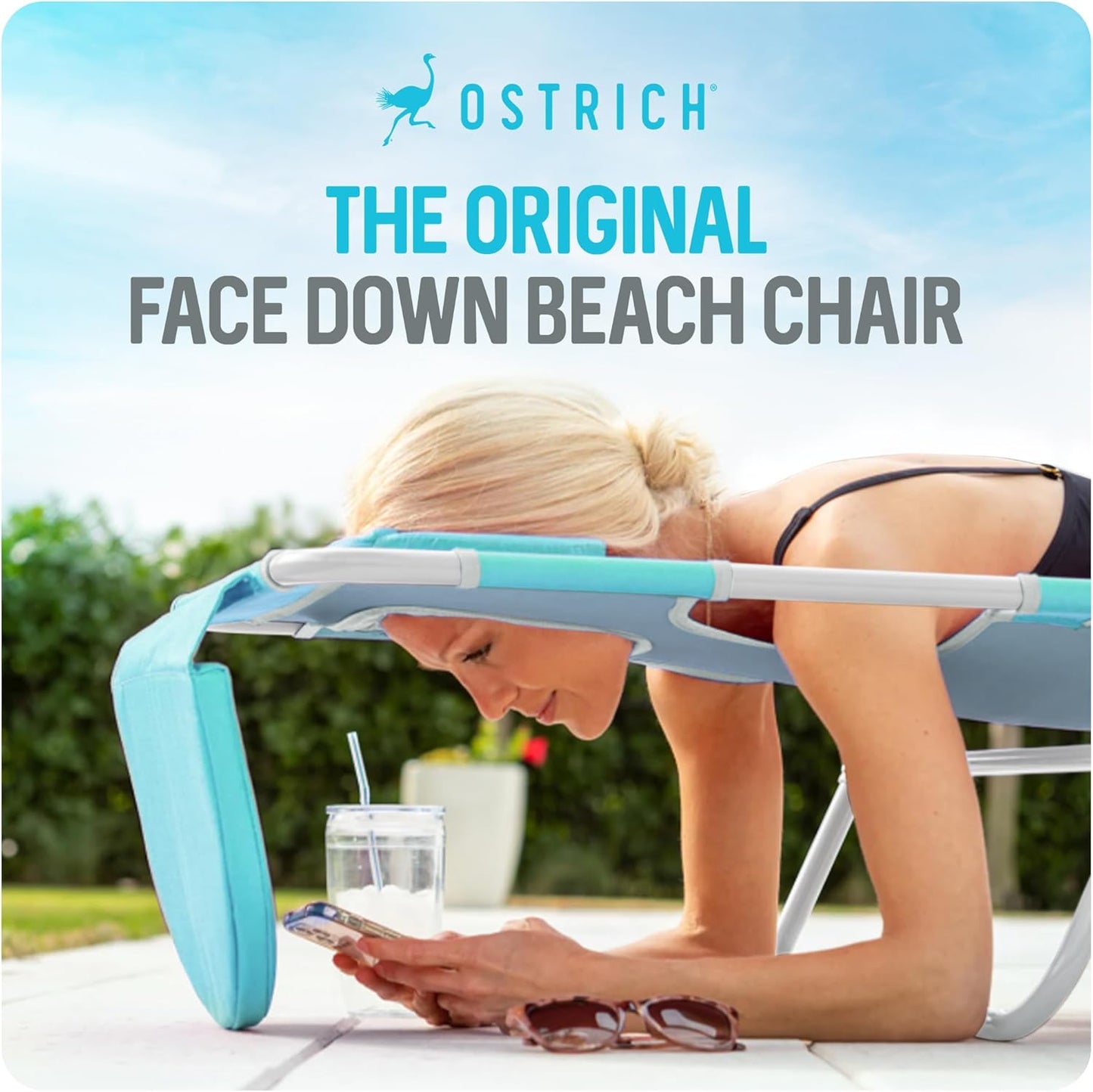 Ostrich the Original Chaise 72 x 22 Inch Lounge Portable Reclining Lounger, Outdoor Patio, Beach, Lawn, Camping, or Pool Tanning Chair, Aqua
