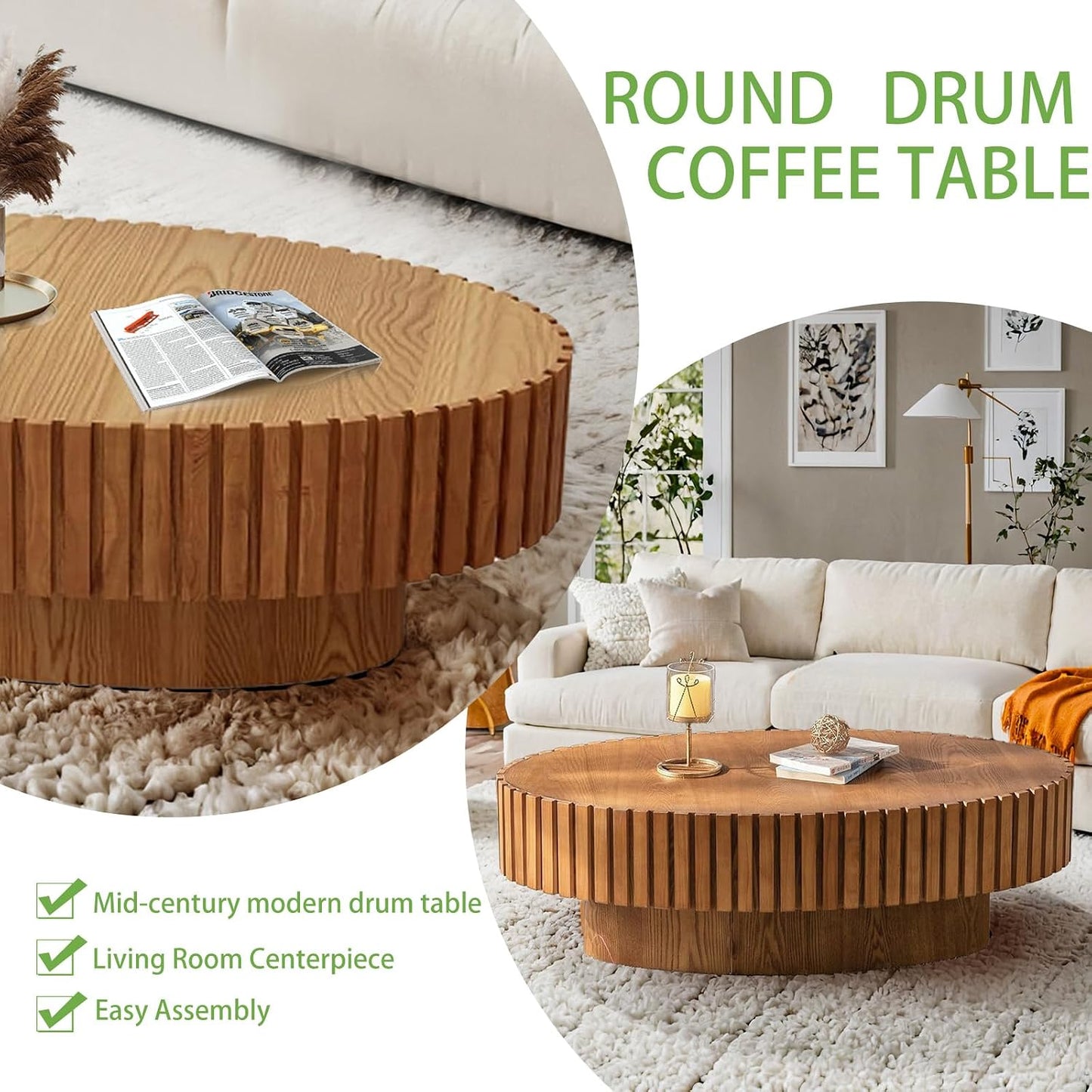 Handmade Oval Grooved Drum-Shaped Coffee Table (C Wood 43in) | Rustic Modern Circular Centerpiece for Living Room & Farmhouse Decor、Easy to Clean