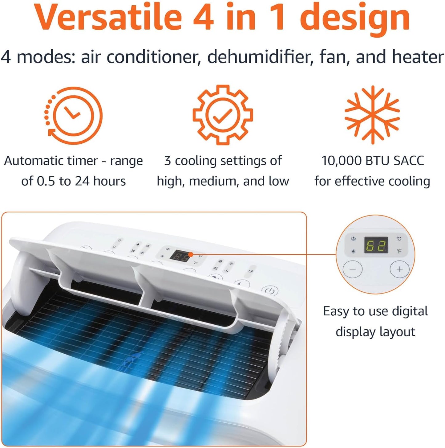 Amazon Basics 4-In-1 Portable Air Conditioner with Remote, Timer, Sleep Mode, Auto Swing, Cool/Heat/Dry/Fan-Only Functions, 13500 BTU (ASHRAE), Cools Up to 550 Sqf, Energy Saving, White