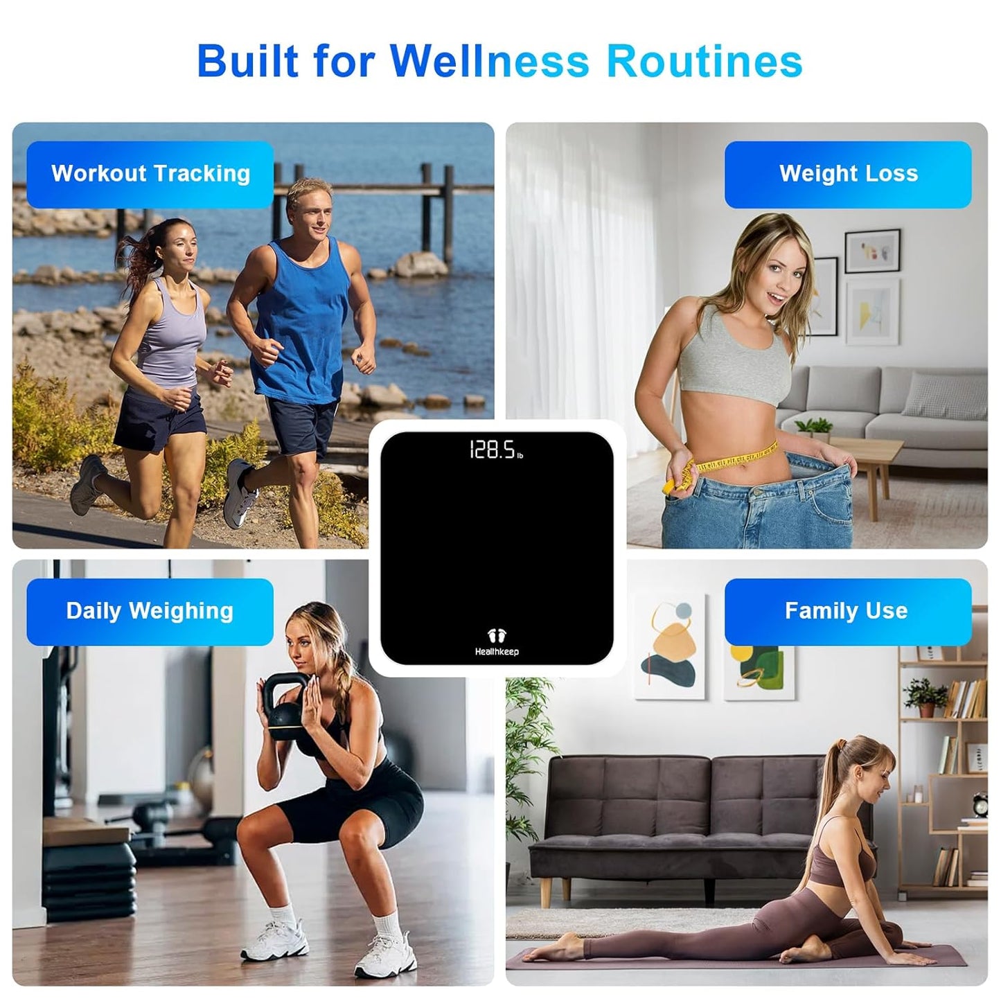 Digital Bathroom Scale for Body Weight: High-Precision 4-Sensor Accuracy, LED Display, 400lb/180kg Capacity, Safe Rounded Corners, Batteries Included