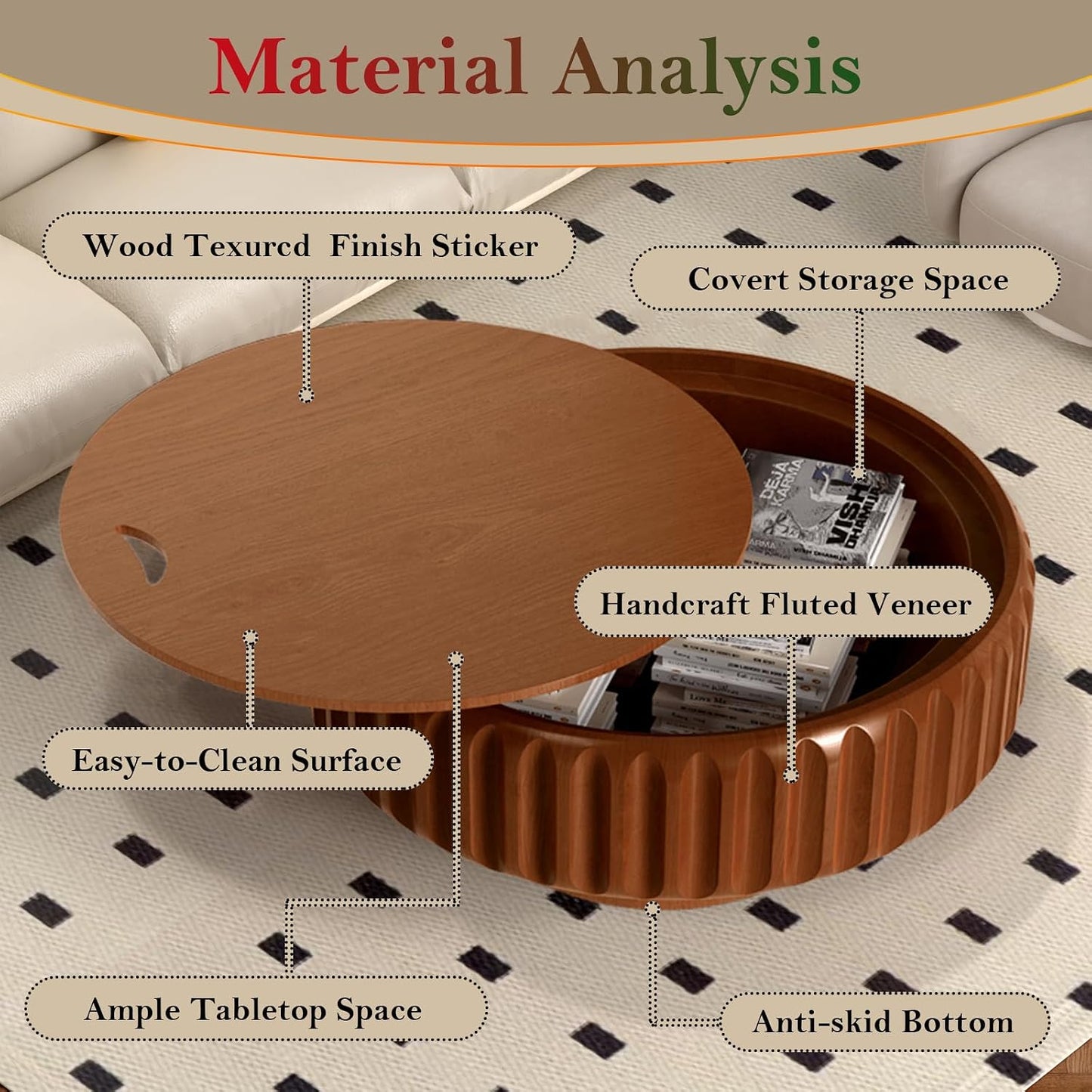 Chic Drum Coffee Table with Storage (C 31.5in) | 31.5” Rustic Round Center Table - Handcraft Fluted Veneer Easy Assemble for Living Room Apartment