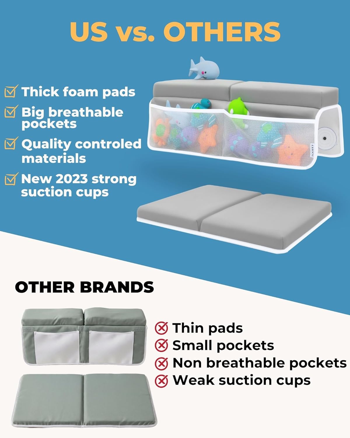 Comfortable Baby Bath Kneeler and Elbow Rest Pad Set – Thick Memory Foam Bath Kneeling Pad with Elbow Support – Baby Bathtub Cushion with Toy Organizer for Bathing Infant or Toddler - Grey