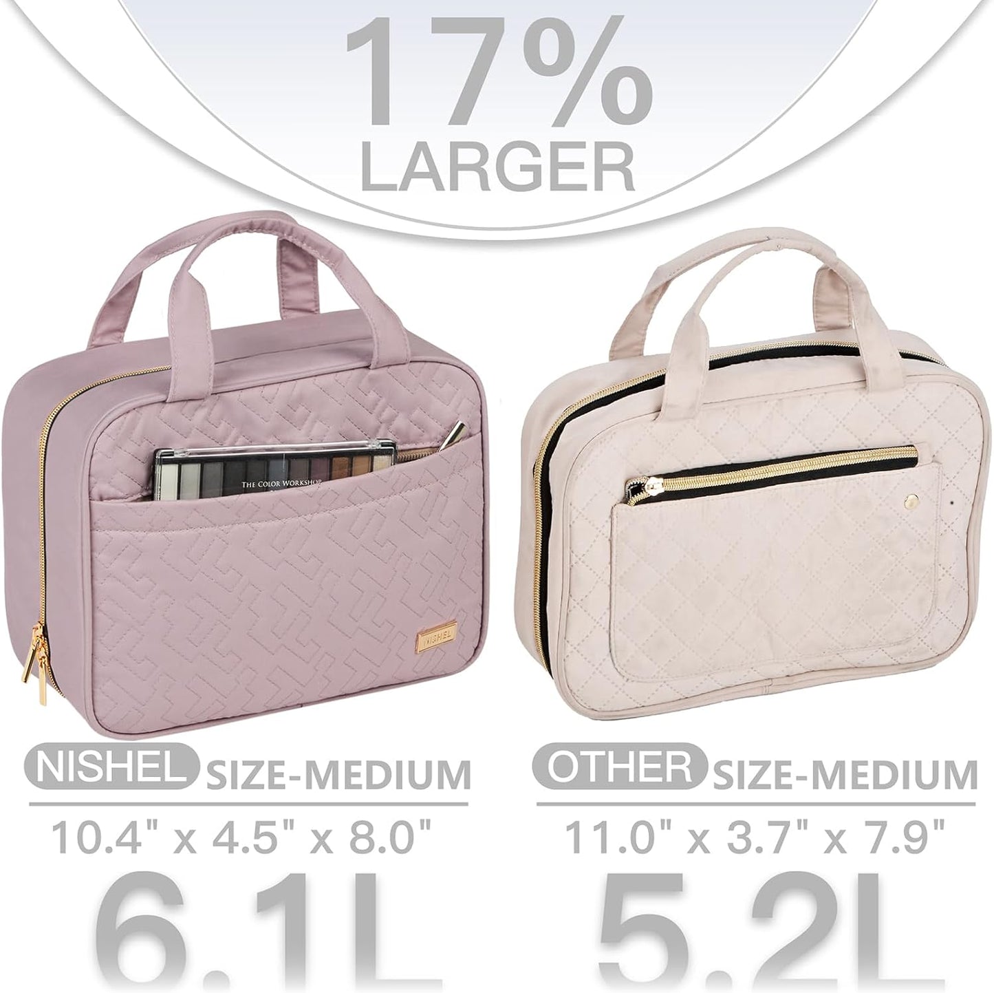 NISHEL Travel Toiletry Bag for women, Portable Hanging Organizer for Travel-Sized Shampoo, Conditioner, Brushes Set, Makeup Accessories, Medium Size, Peach Pink