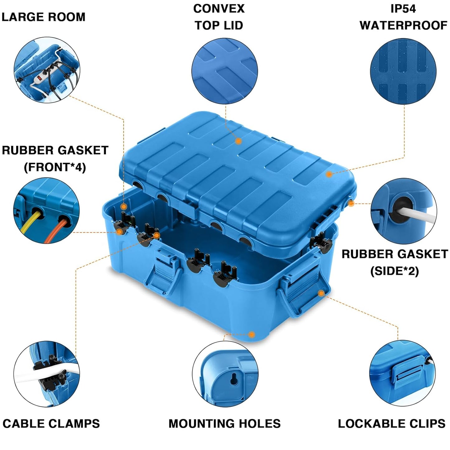 Flemoon Large Outdoor Electrical Box, Waterproof Extension Cord Cover | Inner Size 12 x 7.4 x 3.9 Inch, 6 Cable Entry Ports, IP54 Weatherproof Connection Box for Outlet, Timer, Holiday Light, Blue