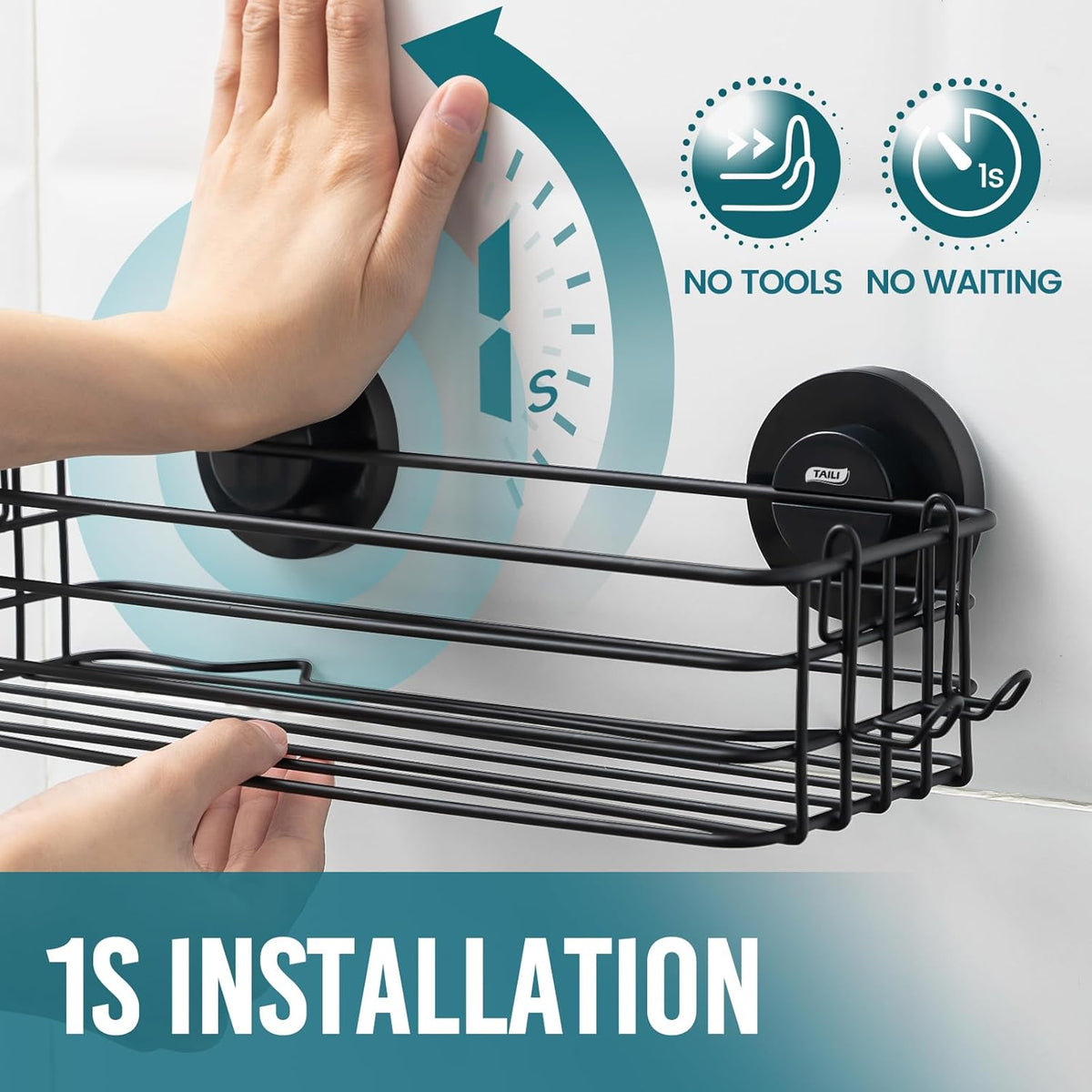 TAILI Shower Caddy Suction Cup 2 Pack with Hooks & Soap holder, Heavy Duty Shower Organizer for Bathroom, No Drilling Bathroom Organizer with Large Capacity, Black Metal Storage Basket