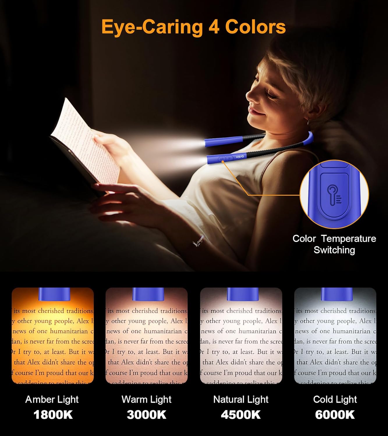 Gritin Book Light, Eye Caring 4-Color & 5-Brightness Neck Light Reading Light- Stepless Dimming,30-min Timer,80+ Hrs Runtime,Bendable Round Neck Design, Lightweight for Reading-Dark Blue