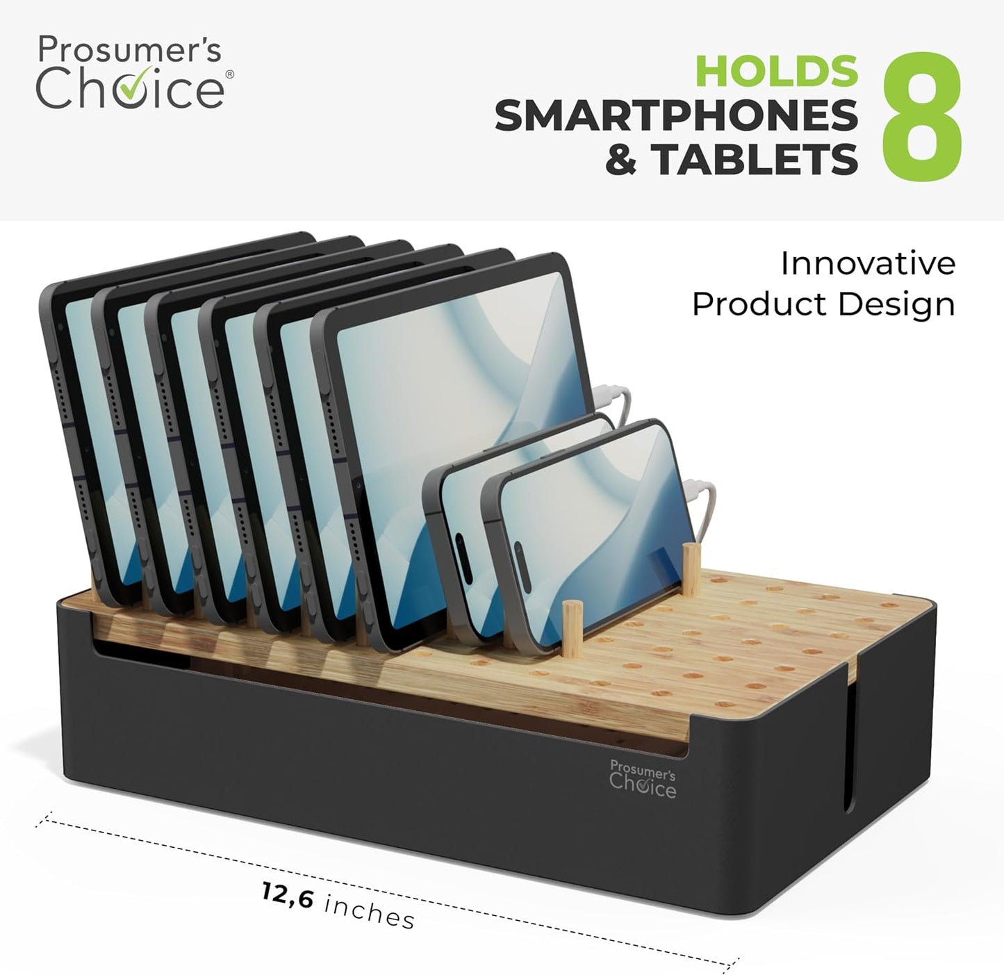 Prosumer's Choice Bamboo Charging Station for Multiple Devices - Wood Device Dock, Organizer Suitable Apple & Android Cell Phone, Tablet, iPad Cables Not Included, Metal & Bamboo Black
