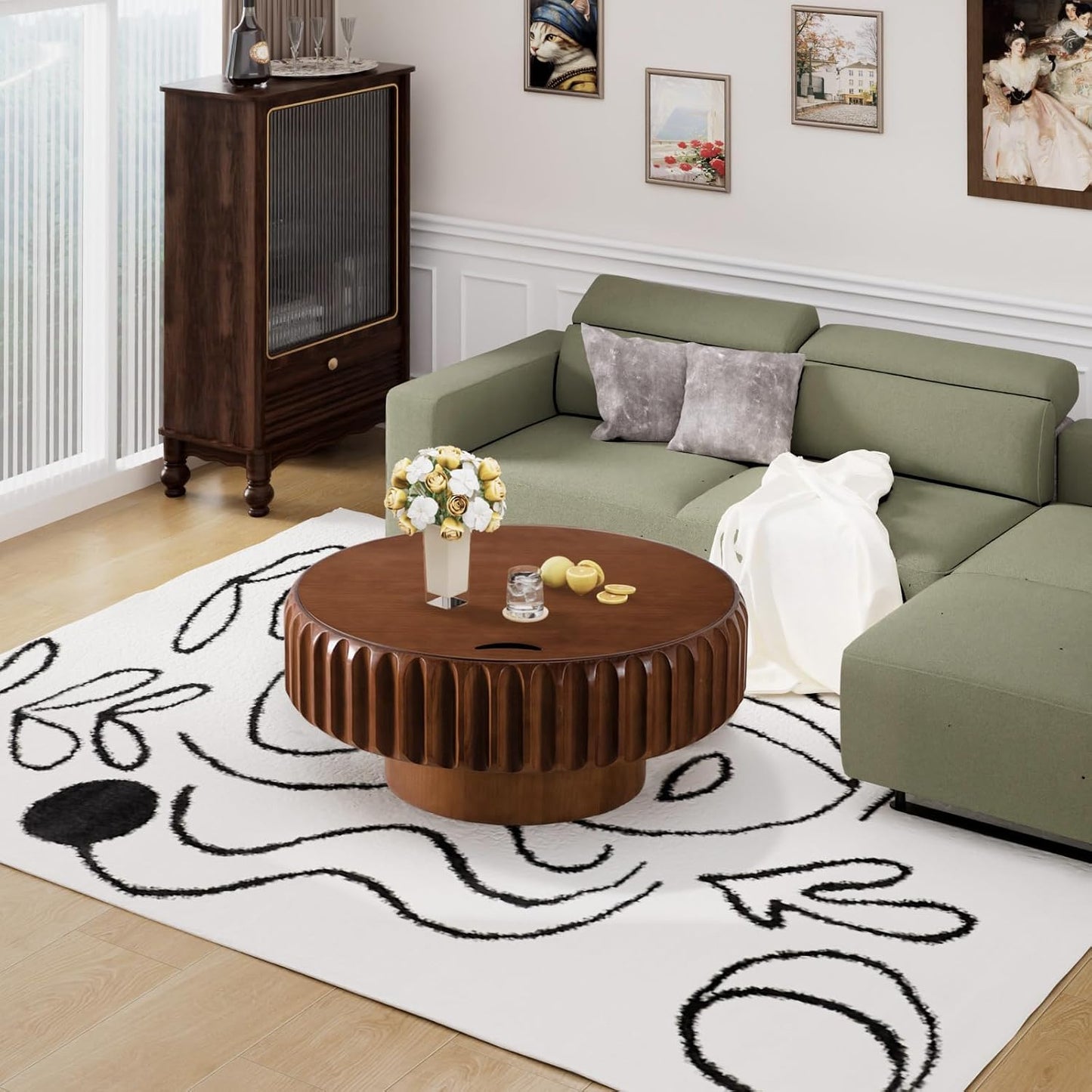 Round Coffee Table (Walnut 31.5'') | Storage for Living Room, Wood Circle Drum, Modern Fluted Center Table, Accent Table for Home Office Apartment