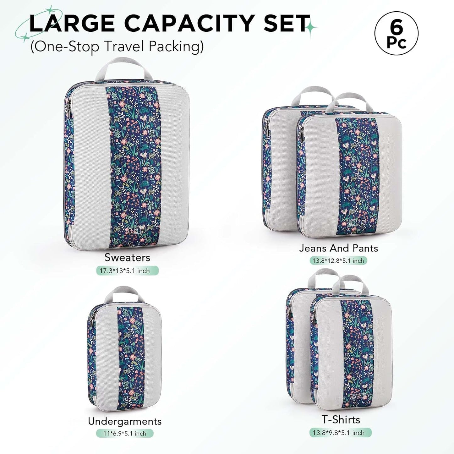 6 Set Compression Packing Cubes for Travel Essentials,Compressible Expandable Packing Cubes for Suitcase,OlarHike Luggage Garment Bags for Travel,Handy Helper for Organizing Clothes(Dark Blue Floral)