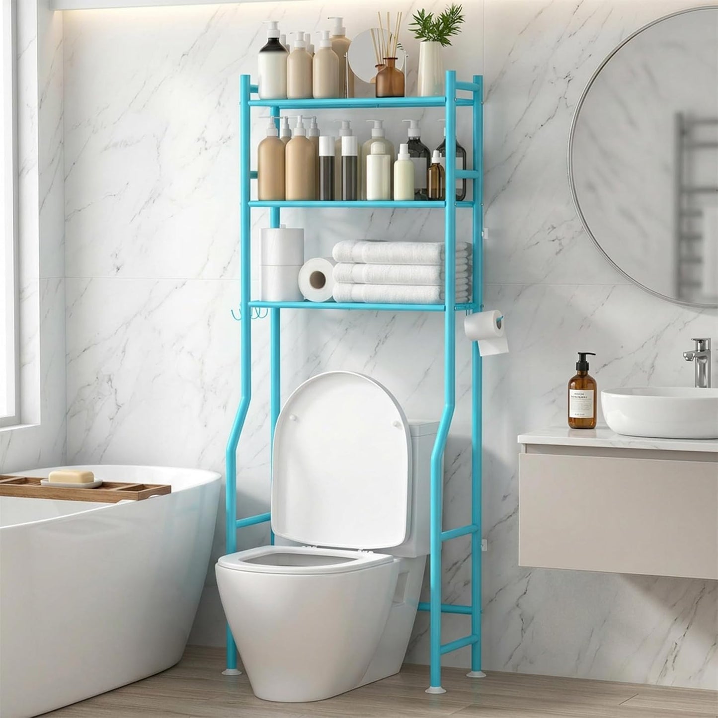 GloTika 3-Tier Over Toilet Storage with Anti-Tilt Safety System - 150lb Total Capacity Metal Bathroom Shelves Including Paper Holder & 4 Hooks, Space Saving Above Commode Organizer (64" H, Blue)