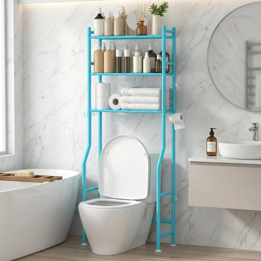 GloTika 3-Tier Over Toilet Storage with Anti-Tilt Safety System - 150lb Total Capacity Metal Bathroom Shelves Including Paper Holder & 4 Hooks, Space Saving Above Commode Organizer (64" H, Blue)