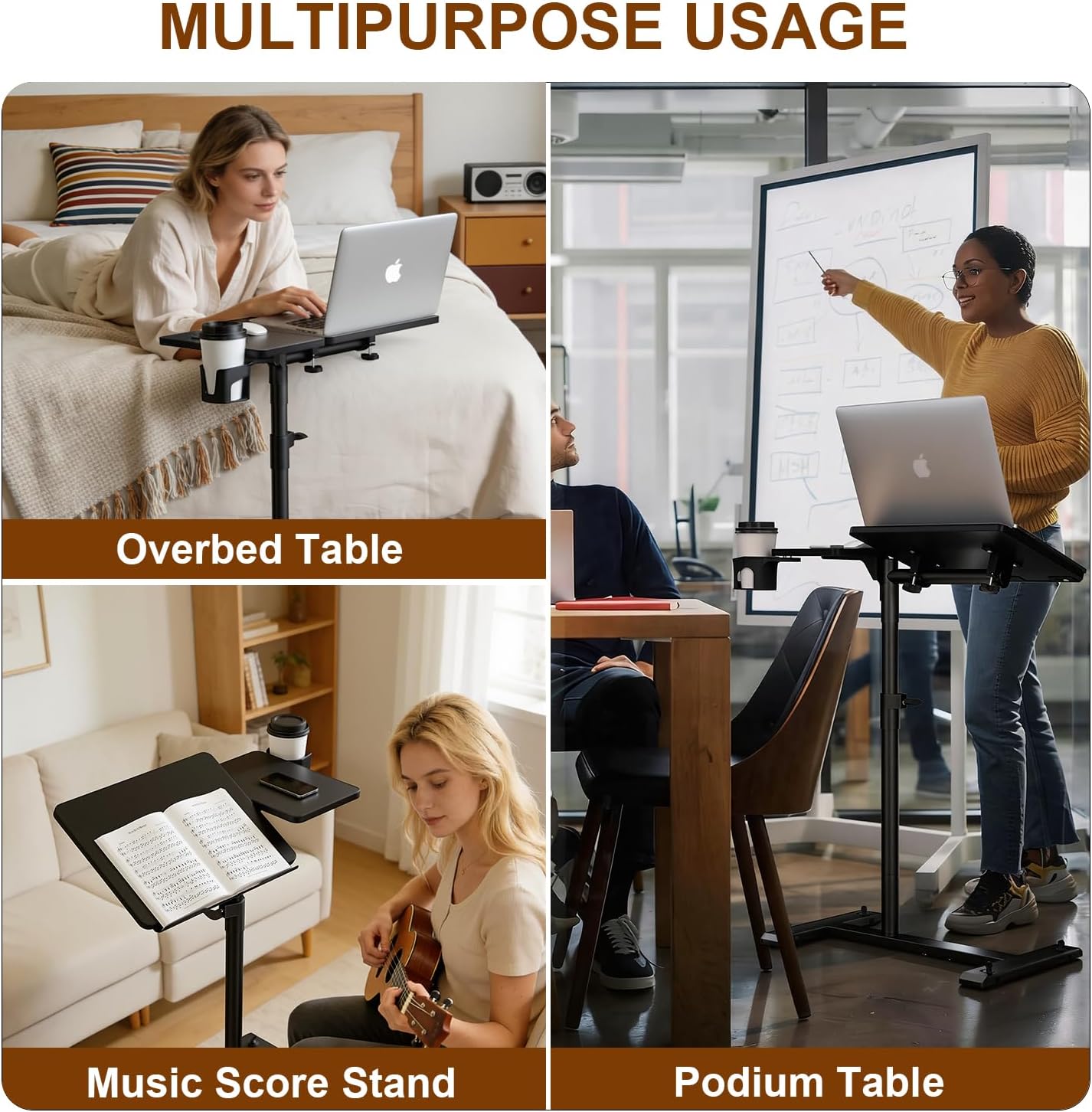 Aothia Small Standing Desk Rolling Table Adjustable Height, Laptop Mobile Stand with Wheels, Overbed Table, Portable Computer Workstation with Tiltable Desktop for Teacher Classroom Home Office, Black