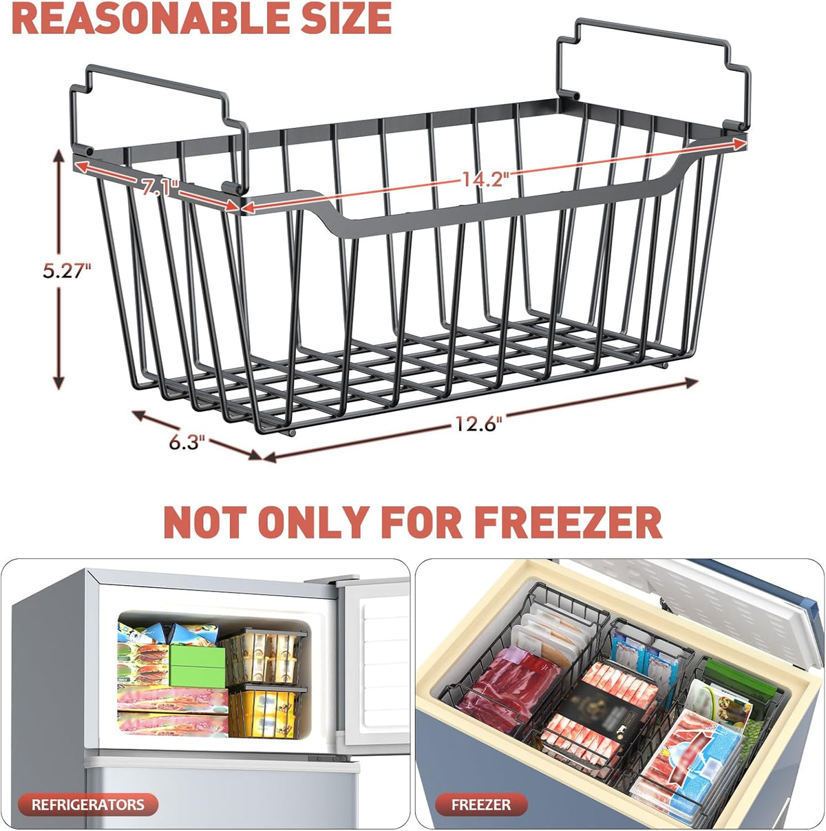 Goovilla Freezer Organizer Bins with Foldable Handle, 4 Pack Stackable Freezer Baskets for 3.5-7 Cu.FT Deep Chest Freezer Organization, Coated Metal Freezer Storage Bins with Better Space Utilization