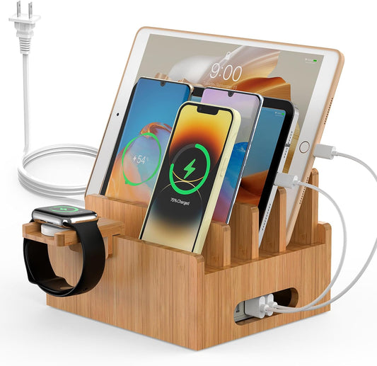 Pezin & Hulin Bamboo Charging Stations with 5 Port USB Charger & 5 Cables | Cell Phone Organizer for Multiple Devices with Watch Stand for Tablets, Smart Watch